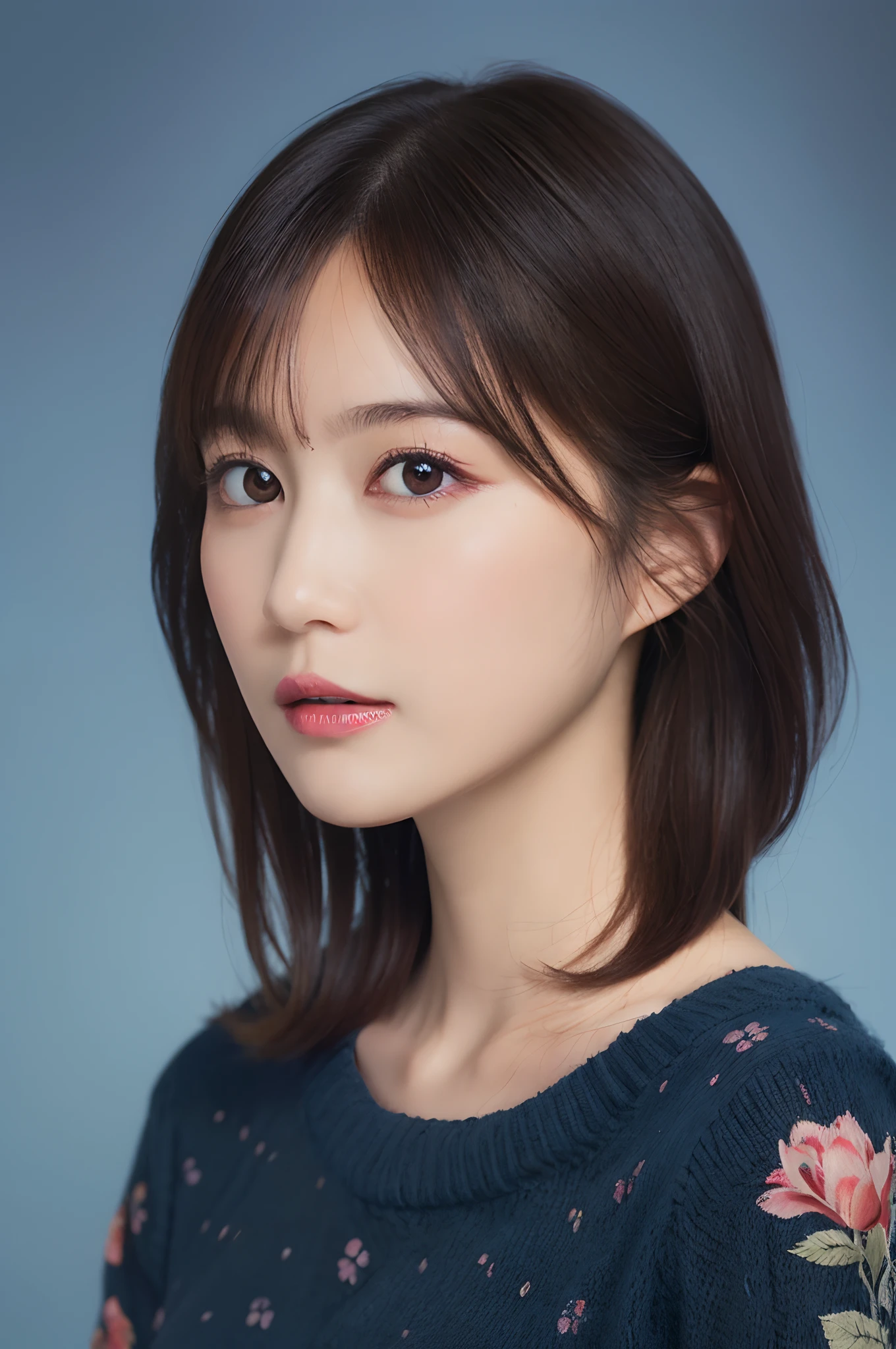 masutepiece, Best Quality, (1womanl), Ultra-detailed, finely detail, hight resolution, 8K picture quality, Perfect dynamic composition, Beautiful detailed eyes,  Natural Lip, Dark blue floral knitted dress, extra very short hair, Abstract background, bashfulness