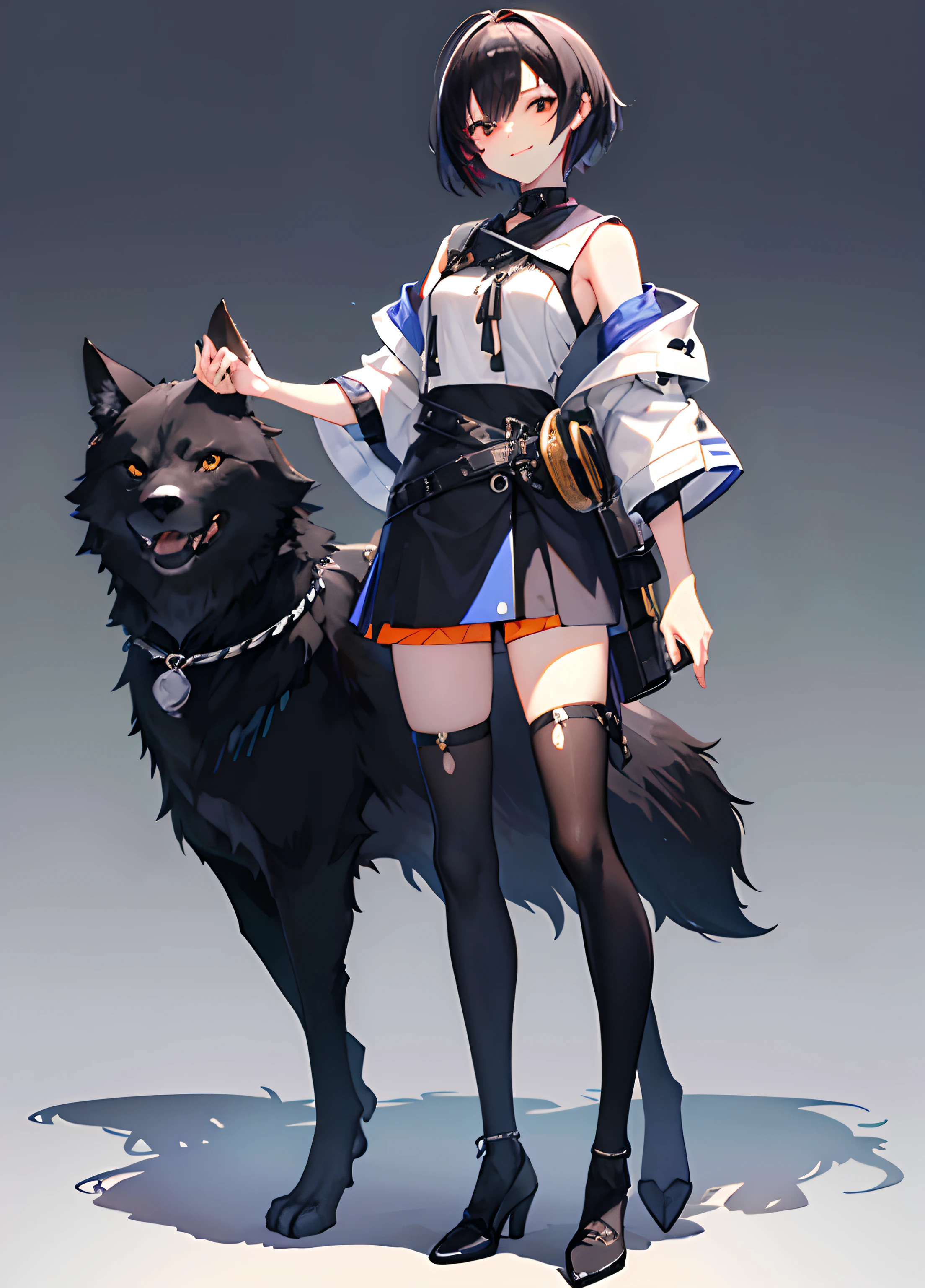 1guy, Handsome man, Solo,Man with black hair,up looking_で_viewer, ((masutepiece,Best Quality)), Beautiful detailed eyes, beautifull detailed face、the eyes are orange、mash hair、Hair on the eyes、short-hair、logn hair、a cool、outer、twinks、Calm、Cool System、Soothing、The best smile、Animals around、coyote、coyote、Black Wolf、Silver Wolf、Cool、ssmile、is standing、From head to foot、Standing picture、Background Simple、Cool Woman、shorth hair、Detailed picture、Standing picture、full body Esbian、shoe、Women like men、Dark hair、detaileds