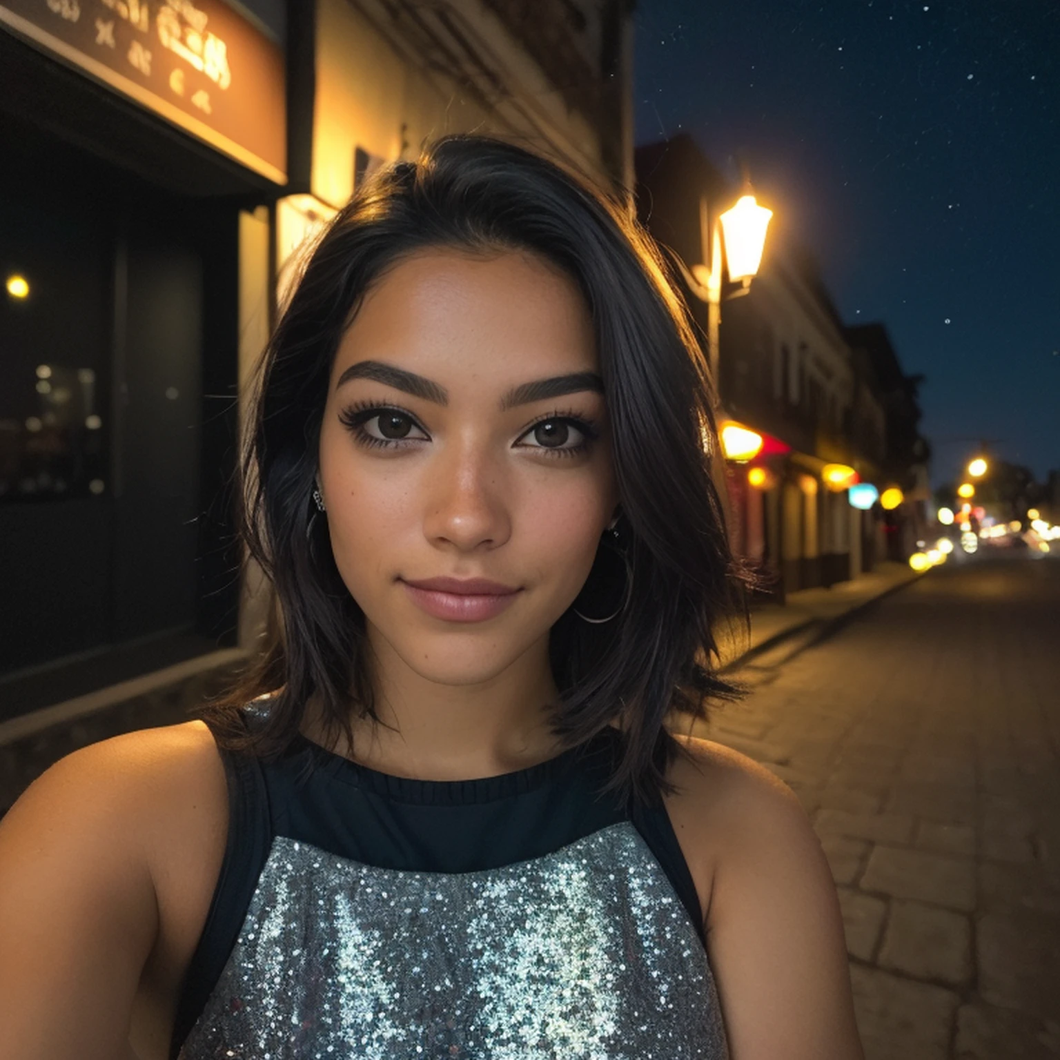 (Selfie, Top view: 1.4), (metade reta do corpo: 1.4), Foto de retrato RAW UHD de uma morena de 24 anos (mulher de olhos azuis) caminhando por um beco escuro, seios grandes,, city at night, (vestido longo), (decote), Detalhes (Texturas! , Hair! , Glitter, Cor!! , Desvantagens: 1.1), olhos brilhantes com alto detalhe (looking at the camera), SLR lighting, SLR camera, ultra-qualidade, agudeza, profundidade de campo, filmic grain (centro), Fujifilm XT3, Cristalina, centro do quadro, beautiful face, foco nítido, street lamp, neon lighting, Bokeh (mal iluminado), Noite, (night sky), poros detalhados da pele, pele oleosa, queimadura solar, Detalhes Oculares Complexos, corpo inteiro, seios grandes, em boate