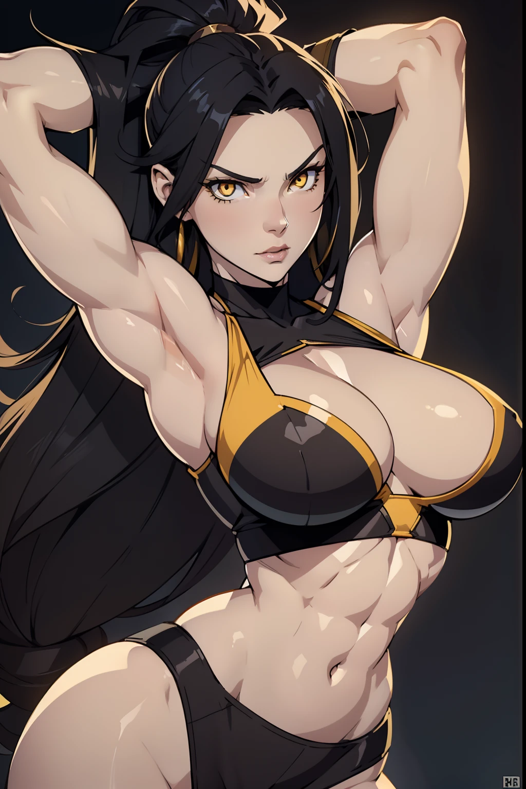 pale skin, 1 girl, solo, large breasts, navel, crop top, black hair, yellow eyes, very long hair, ((muscular)), close up, abs, armpits, curvy, seductive expression, cleavage, toned body