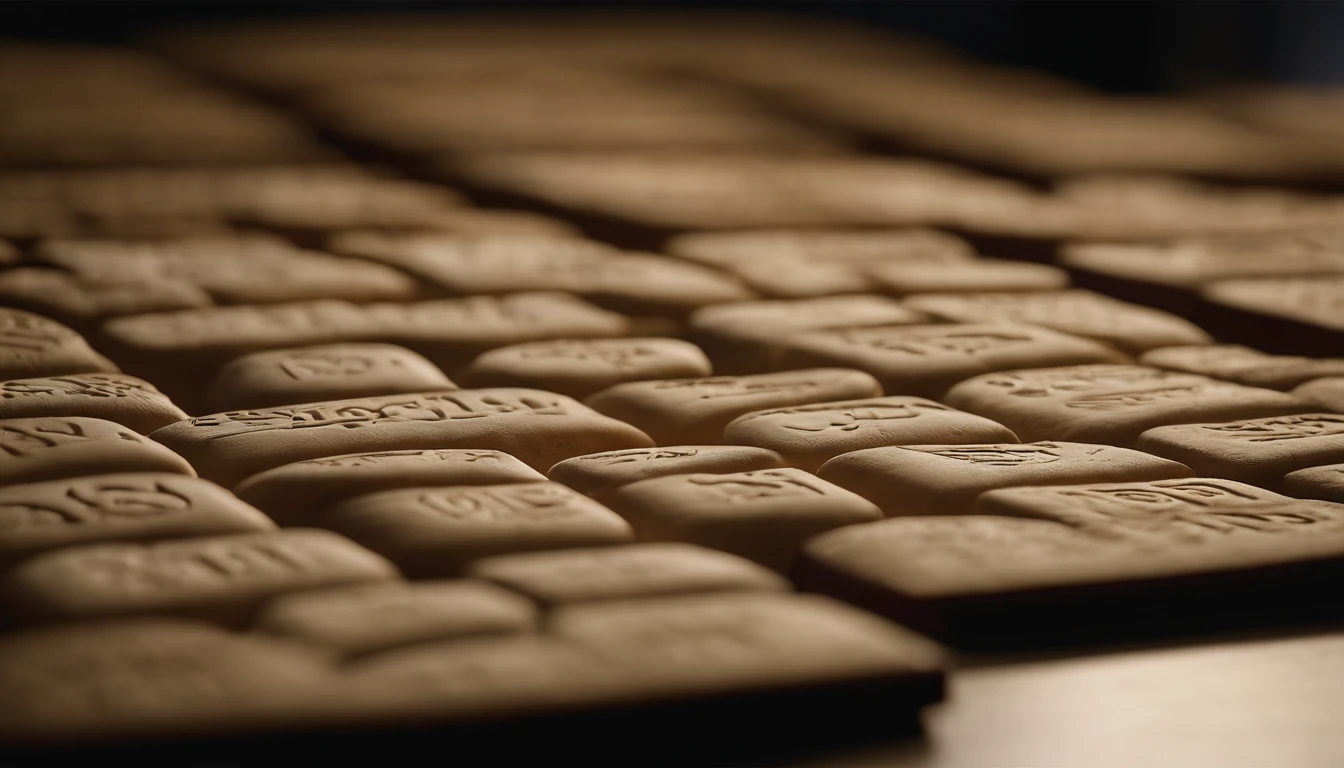 A set of Sumerian clay tablets with cuneiform writing. The tablets are arranged on a flat surface and illuminated to highlight the inscriptions. Each tablet has unique and intricate details in its cuneiform writing. Explore the characteristics of the tablets, the engraved symbols and the sense of antiquity that emanates from these historic pieces."