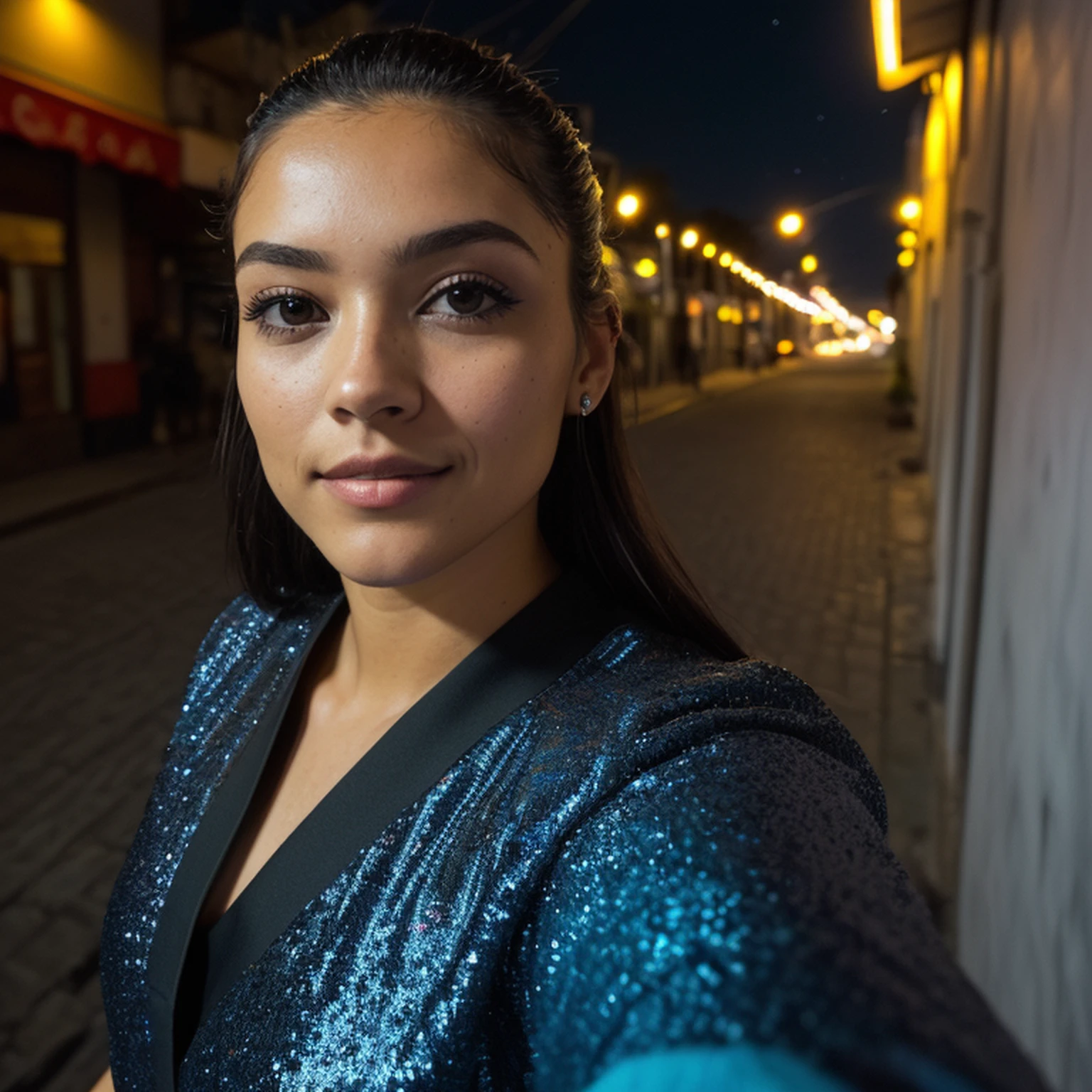 (Selfie, Top view: 1.4), (metade reta do corpo: 1.4), Foto de retrato RAW UHD de uma morena de 24 anos (mulher de olhos azuis) caminhando por um beco escuro, seios grandes,, city at night, (vestido longo), (decote), Detalhes (Texturas! , Hair! , Glitter, Cor!! , Desvantagens: 1.1), olhos brilhantes com alto detalhe (looking at the camera), SLR lighting, SLR camera, ultra-qualidade, agudeza, profundidade de campo, filmic grain (centro), Fujifilm XT3, Cristalina, centro do quadro, beautiful face, foco nítido, street lamp, neon lighting, Bokeh (mal iluminado), Noite, (night sky), poros detalhados da pele, pele oleosa, queimadura solar, Detalhes Oculares Complexos, corpo inteiro, seios grandes, em boate