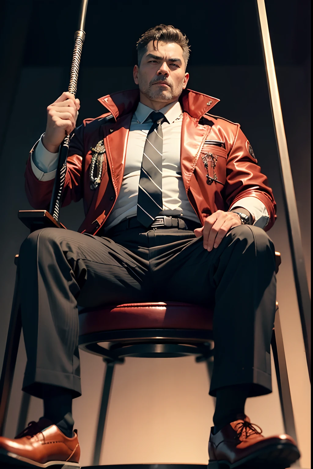 45-year-old middle-aged man,Man,Height 195,Asian people,sitting on a metal throne,God perspective,The eyes are about to face each other,Chinese men,musculature,Lift one foot,Wearing a black and white striped suit,Black and white striped trousers,red necktie,Wears a long red trench coat,long windbreaker,Black socks,Brown oxford shoes,Cord,Ferocious and ferocious,Club background,Horsewhip in hand