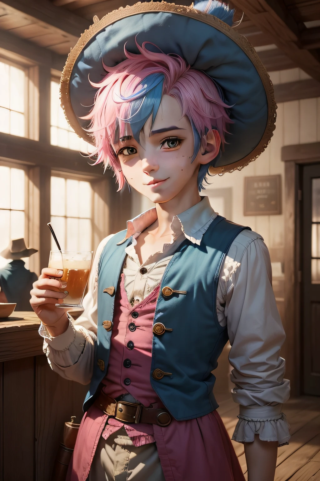 1 boy, Mental issue, Scruffy Pink and Blue hair, Creepy smile, Inside a tavern, Has odd hat on