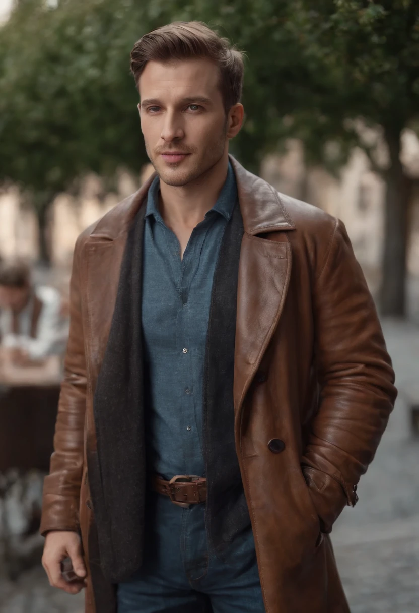 Full depiction of an overly realistic man in a brown leather coat, denim trousers, abotoaduras de ouro, Realistic photography, fundo de festa, complexidade intrincada, renderizado no Unreal Engine, fotos realistas, Ultra HD, Realistic, cores vivas, Um altamente detalhado, Desenho UHD, fotografia, Remotamente, perfect composition, Octanas bonitas, detalhadas, intrincadas, intrincadas e detalhadas, make trend at artstation, Fotografia de arte 8K, arte conceitual fotorrealista, soft natural volumetric cinematic perfect light
