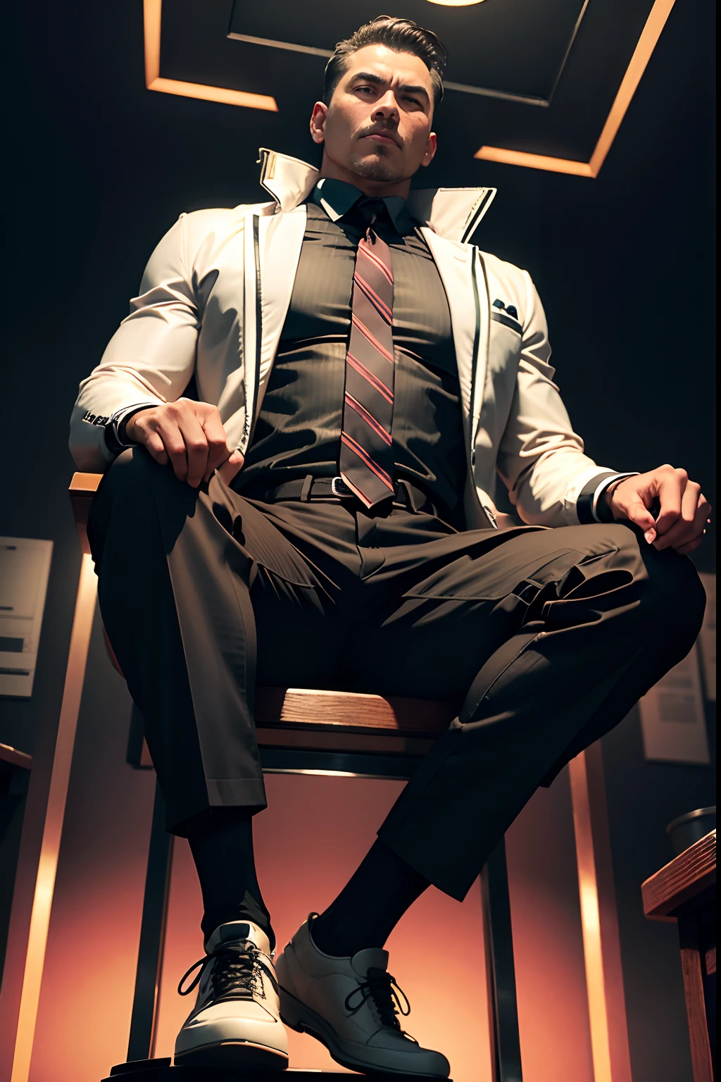 45-year-old middle-aged man,Man,Height 195,Asian people,sitting on a metal throne,God perspective,The eyes are about to face each other,Chinese men,musculature,Lift one foot,Wearing a black and white striped suit,Black and white striped trousers,red necktie,Wears a long red trench coat,long windbreaker,Black socks,Brown oxford shoes,Cord,Ferocious and ferocious,Club background,Handcuffed and handcuffed hanging in the air