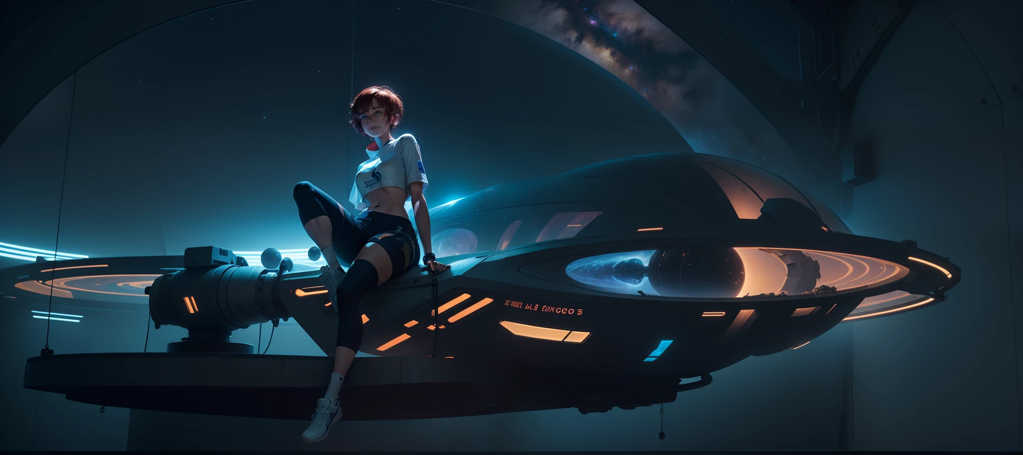 In the style of Jean Giraud "Moebius" and Jean Claude Mezieres, One beautiful and board girl enjoying a rest in a 30 meter space pod , perfect long slim legs, no light glare, wearing shorts up to her waist, perfect ???????, profile medium shot, inside an escape pod, short pixie cut brown-red hair, Caucasian, holding a game controller, one leg  and socked foot propped up against the main view controller, in a very large spaceship escape pod of 30 meters in diameter, she is wearing casual space appropriate clothing, shorts pulled up to waist, mini gym shorts, a printed tee shirt that reads "Hardly Working", and comfy oversized socks, there is a faint blue Saturn-like planet in the evening sky, all the stars are out in the purple orange alien sky, wind chimes, dried seed pods, dry flowers hang from the ceiling, photorealism, hyperdetailed, in the sci-fi  style of James Campbell