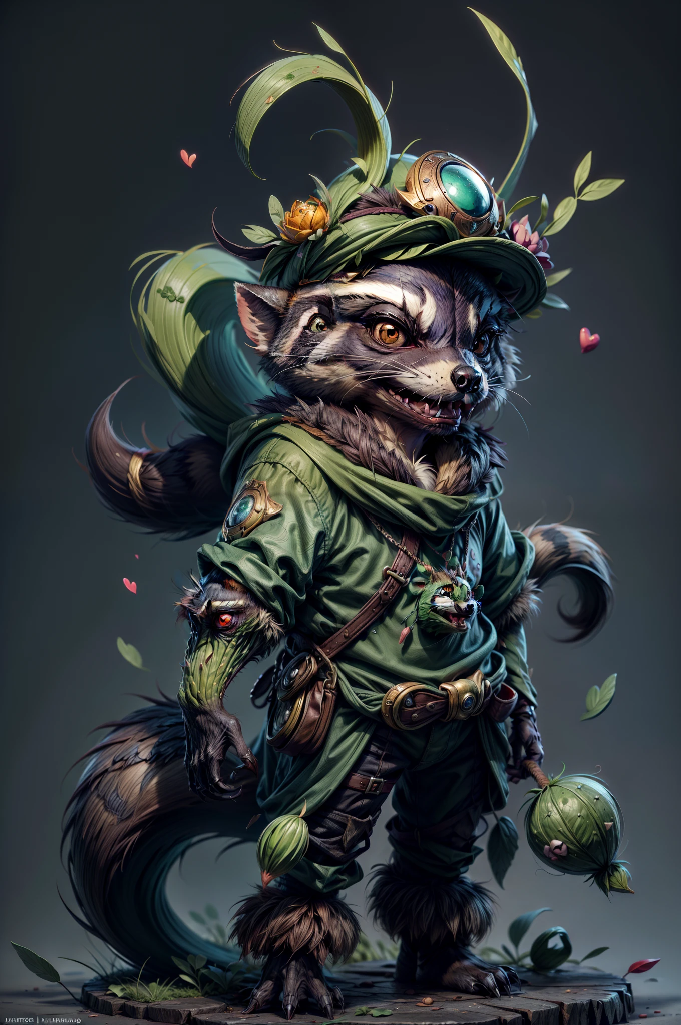 There is a raccoon that is dressed as a cactus, Lindo arte digital detallado, Adorable pintura digital, Lindo arte digital, lindas ilustraciones detalladas, Linda criatura del bosque, furry fantasy art, Teemo, Teemo de League of Legends, linda criatura, Arte digital detallado 4K, linda criatura, Arte digital 4K altamente detallado, Anthropomorphic raccoon