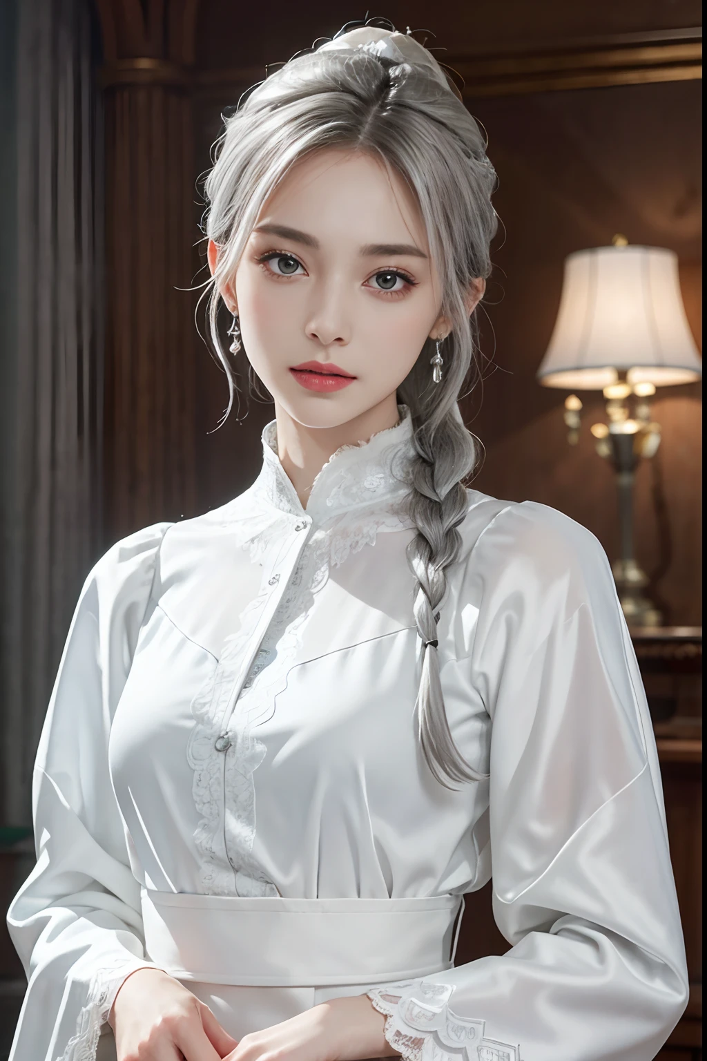 (Top Quality, Masterpiece: 1.2), Ultra High Resolution, Realistic, Front Lighting, Intricate Details, Exquisite Details and Textures, 1girl, Solo, (Youth), Face Highlights, Upper Body, Detailed Face, White Skin, Silver Hair, Ponytail, Braid Hair, Watch Viewer, Big Eyes, Silk Robes, (Hollow Pattern, White, Silk), Earrings, Small Breasts, Slim Body, Luxurious RoomProfessional Lighting, Photon Mapping, Radiosity, Physically Based Rendering,