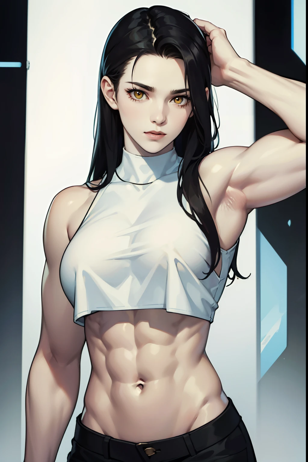 pale skin, 1 girl, solo, large , navel, crop top, black hair, yellow eyes, very long hair, (muscular), close up, abs