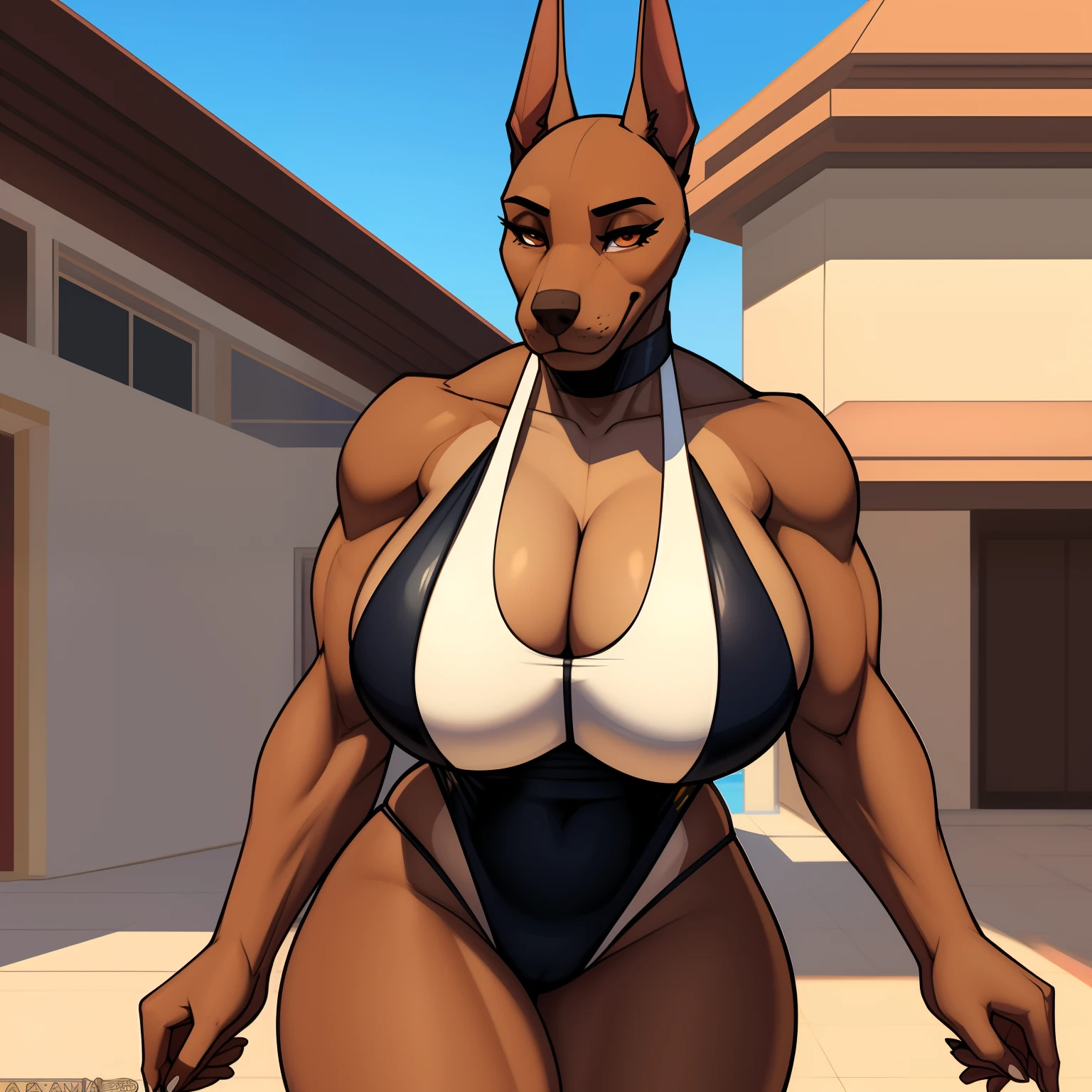 Very_muscular_mature_doberman female dark_brown_two-tone_furry_body brown_eyes milf swimsuit stepping_out_of_pool wife solo Masterpiece best_quality absurdres highly_detailed cleanly_drawn_eyes anthro_only large_breasts by_claweddrip, by_greasymojo, by_underscore-b, by_runawaystride