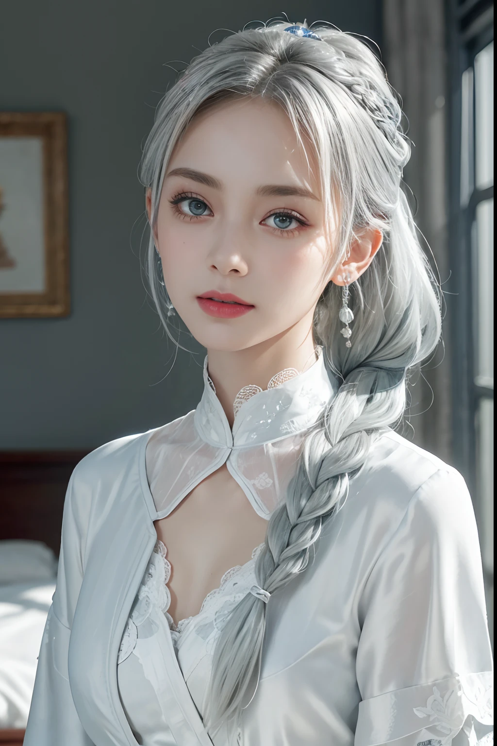 (Top Quality, Masterpiece: 1.2), Ultra High Resolution, Realistic, Front Lighting, Intricate Details, Exquisite Details and Textures, 1girl, Solo, (Youth), Face Highlights, Upper Body, Detailed Face, White Skin, Silver Hair, Ponytail, Braid Hair, Watch Viewer, Big Eyes, Silk Robes, (Hollow Pattern, White, Silk), Earrings, Small Breasts, Slim Body, Luxurious RoomProfessional Lighting, Photon Mapping, Radiosity, Physically Based Rendering,