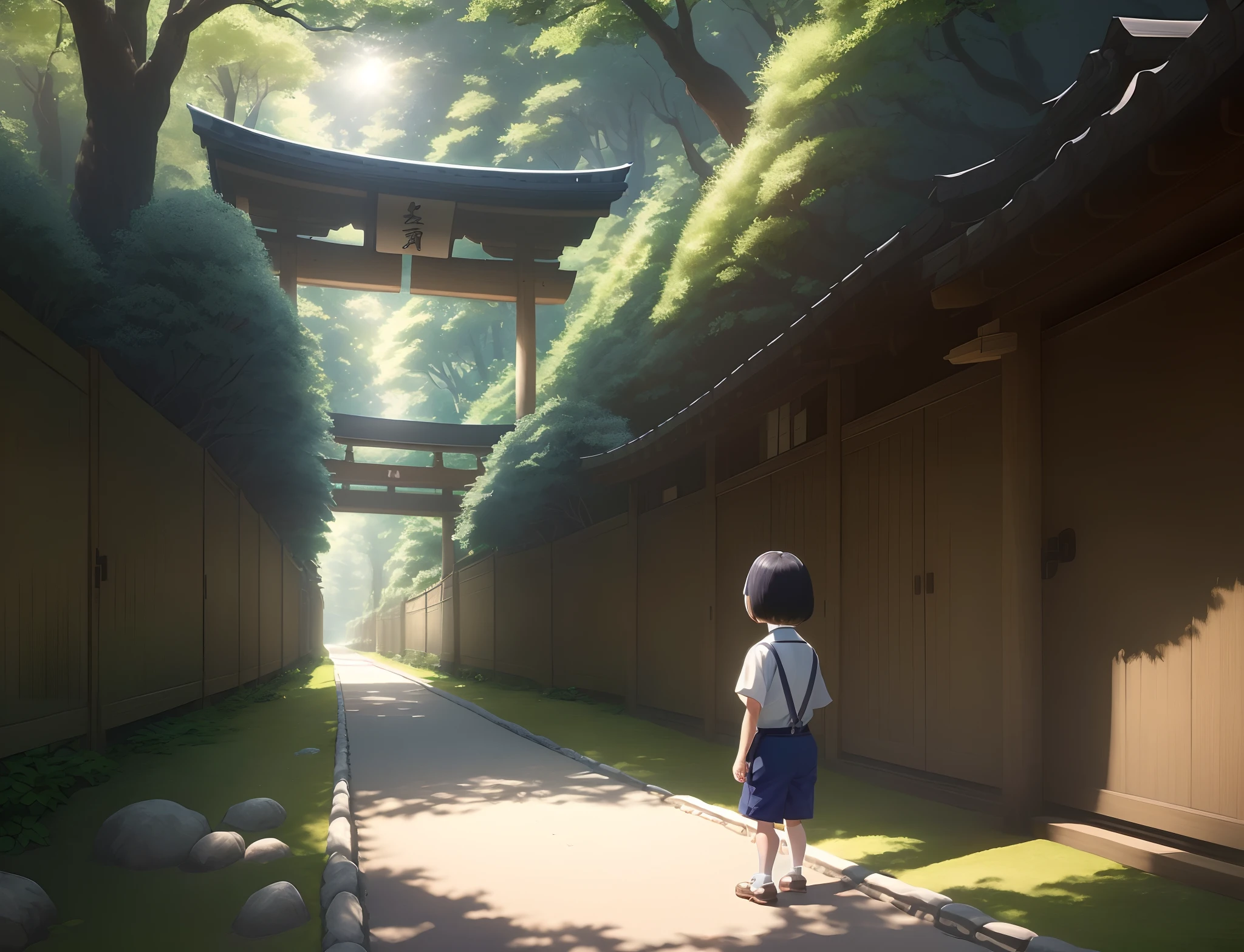 Masterpiece, best quality, (very detailed 8k CG wallpaper), (best quality), (best illustration), (best shadows),  Japanese boy with a Bob haircut called Shizuko, suspenders, blue shorts, white woven shirt, would be curious in front of a tunnel with a Japanese Tori in front, (forest), (sunny day)