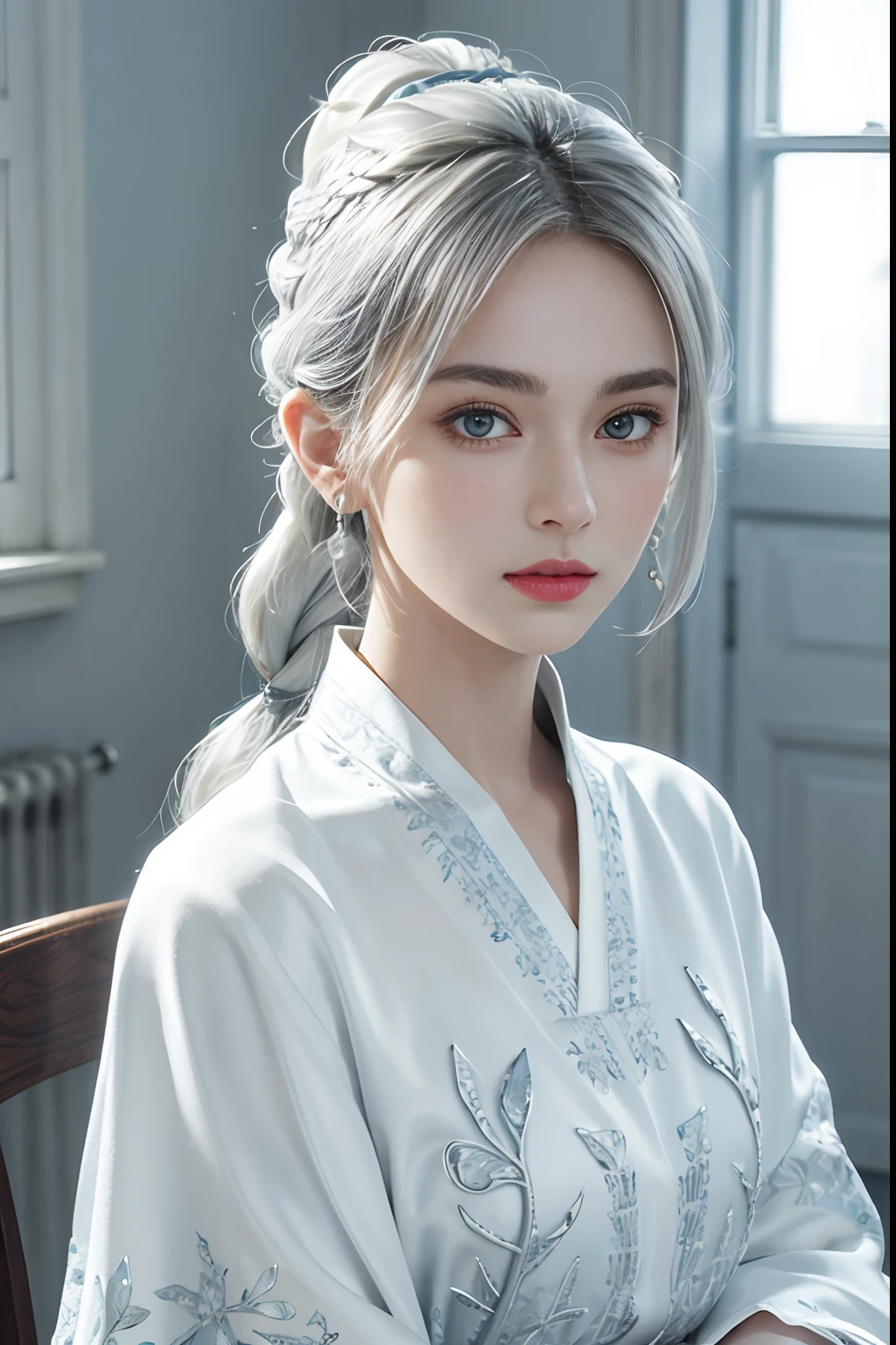 (Top Quality, Masterpiece: 1.2), Ultra High Resolution, Realistic, Front Lighting, Intricate Details, Exquisite Details and Textures, 1girl, Solo, (Youth), Face Highlights, Upper Body, Detailed Face, White Skin, Silver Hair, Ponytail, Braid Hair, Watch Viewer, Big Eyes, Silk Robes, (Hollow Pattern, White, Silk), Earrings, Small Breasts, Slim Body, Luxurious RoomProfessional Lighting, Photon Mapping, Radiosity, Physically Based Rendering,