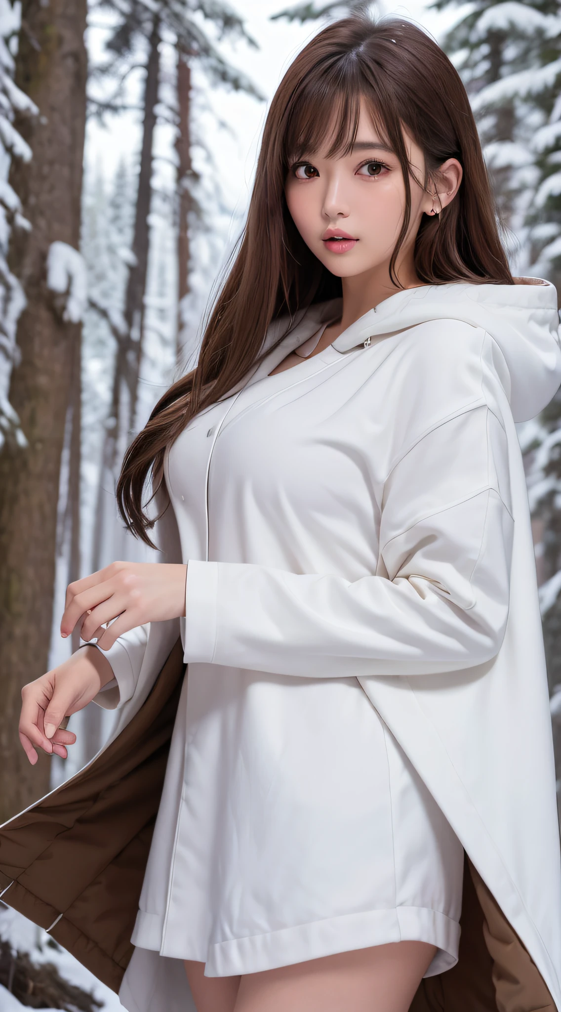 1womanl, up of face, mideum breasts, light brown hair, Blunt bangs, hair behind ear, hair over shoulder, Long hair, slender body shape, Ultra Fine Face, Thin face, Delicate lips, Beautiful eyes, thin blush, eyes are light brown,View here, Ultra-thin hands, Ultra-fine fingers, best ratio four finger and one thumb, (realisitic:1.3), White cloak coat. muffler,gloves、Coniferous forest with heavy snowfall, One-person viewpoint, Fuji Film, Very cold, 8K, masutepiece, nffsw, Super Detail, High quality, Best Quality, hight resolution,Oyuki