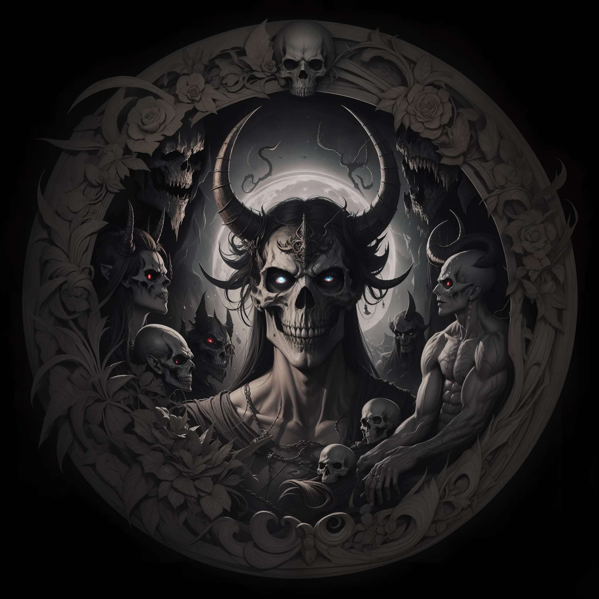 Image of a demon with a demon face in a circle, arte escura altamente detalhada, Retrato de daemons, arte detalhada da capa, an ominous fantasy illustration, adorned with demon skulls, arte de terror 4k detalhada, Marcos Riddick, dark fantasy illustration, no estilo da arte da fantasia sombria, arte de fantasia sombria, arte de terror de fantasia sombria, Arte digital escura, mas detalhada
