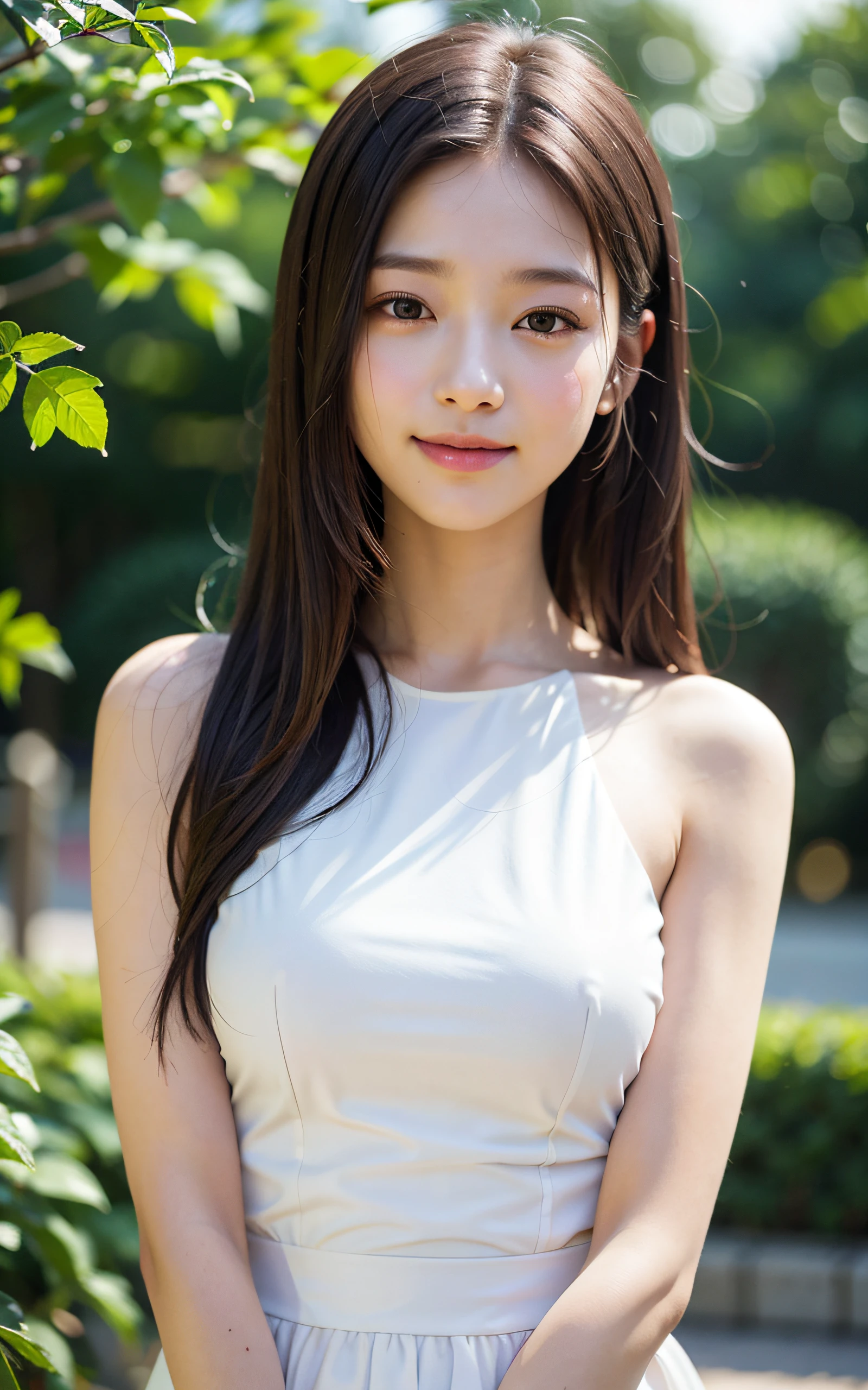 masterpiece, Best Quality, 8K, 22 yo, Raw photo, smile, Solo, cute, Idol face, Delicate girl, neat and clean beauty, Upper body, Digital SLR, Looking away, Candid, Sophisticated, Thin arms, Professional Lighting, Film grain, (Eyes and faces with detailed:1.0), sway in the wind Medium length straight hair, (Bokeh:1.1)