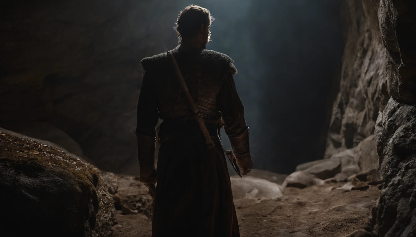 Kinight entering a cave raising his gray silver sword