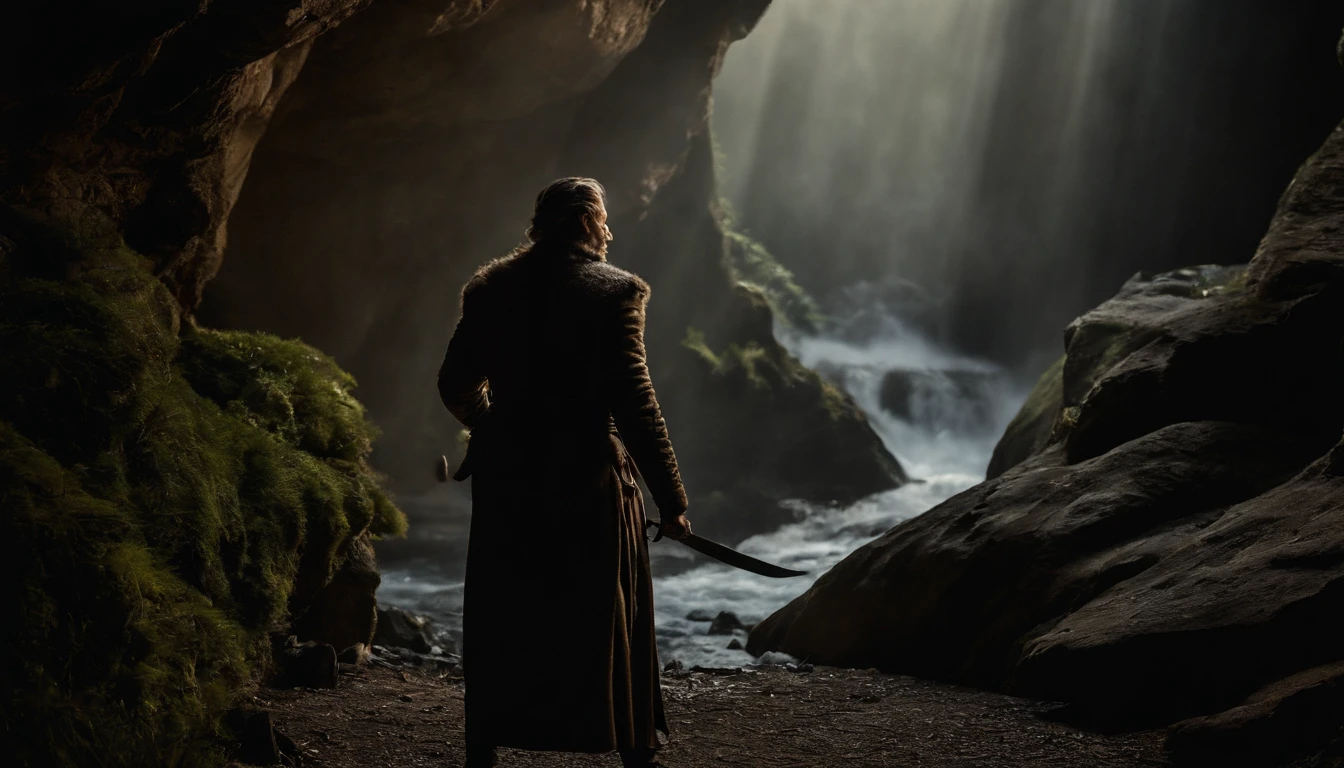Kinight entering a cave raising his gray silver sword