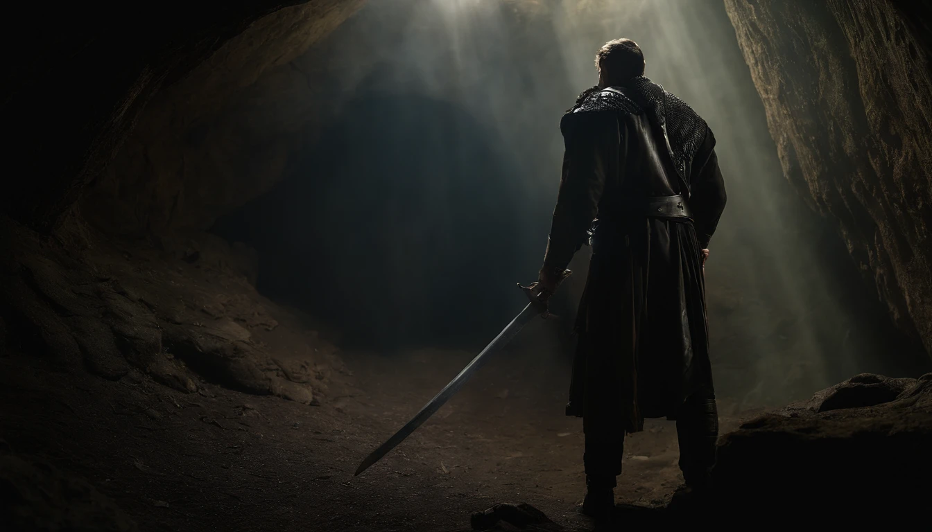 Kinight entering a cave raising his gray silver sword