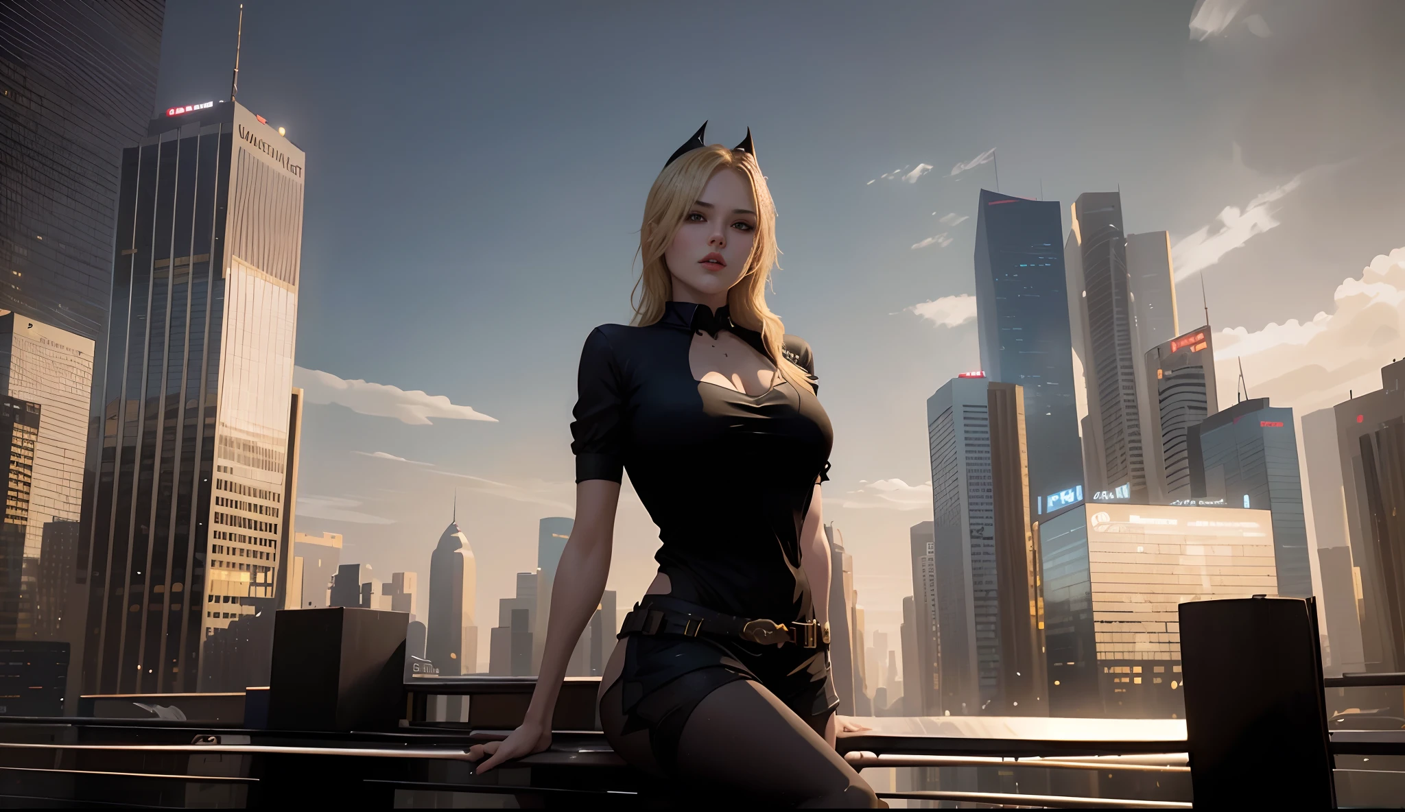 best quality, masterpiece,  (realistic:1.2), 1girl, strawberry blonde hair, red eyes, Front, detailed face, beautiful eyes, bat wings, sitting one floor, bats, blue bodysuit, ponytail, vampire, cloud, moon, solo, high quality face, tech bodysuit, night, dusk, full moon, swarm of bats