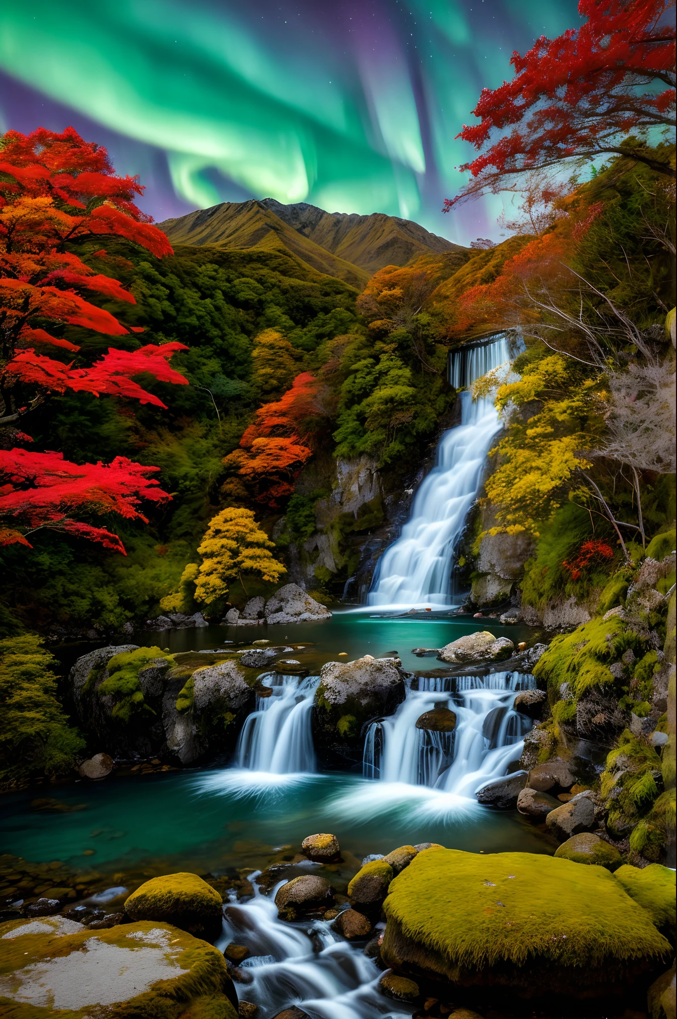 best quality, masterpiece, beautiful wild and natural fantasy landscape with glowing soft lights aurora beautiful waterfall in New Zealand, Japanese tample on the rock under waterfall, fall season, momiji leaf,