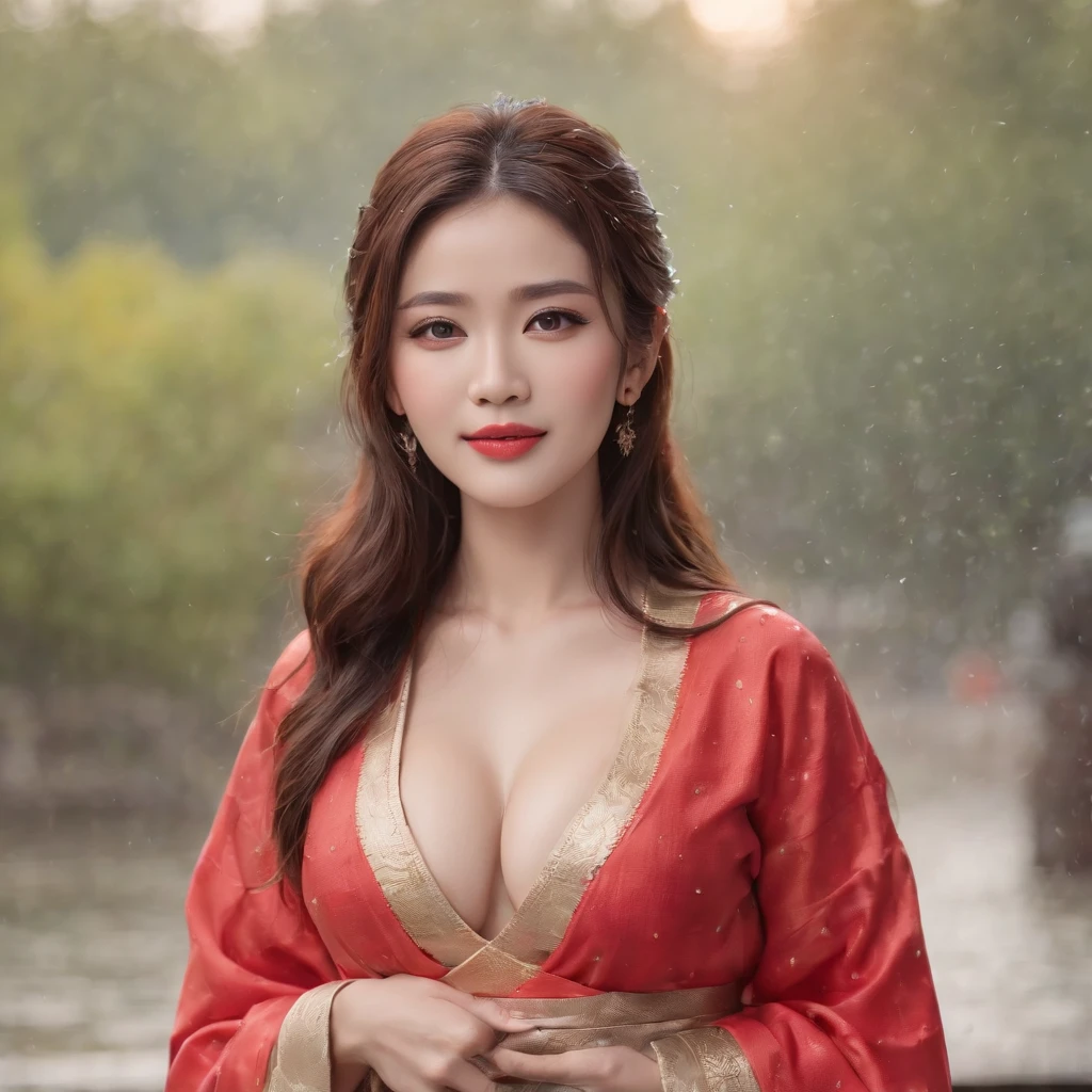 ((Best Quality, 8k, Masterpiece: 1.3)), Focus: 1.2, Perfect Body Beauty: 1.4, Buttocks: 1.2, ((Layered Haircut)), (Wet Clothes: 1.1), (Rain, Street:1.3), (Breasts: 1.2), (Hanfu: 1.2), Bare Shoulders, Bare Legs, Highly Detailed Face and Skin Texture, Fine Eyes, Double Eyelids, Whitened Skin, Long Hair, (Shut Up: 1.5), (Bokeh Background: 1.5), Big Breasts，（Toothy smile，looking at the viewer）