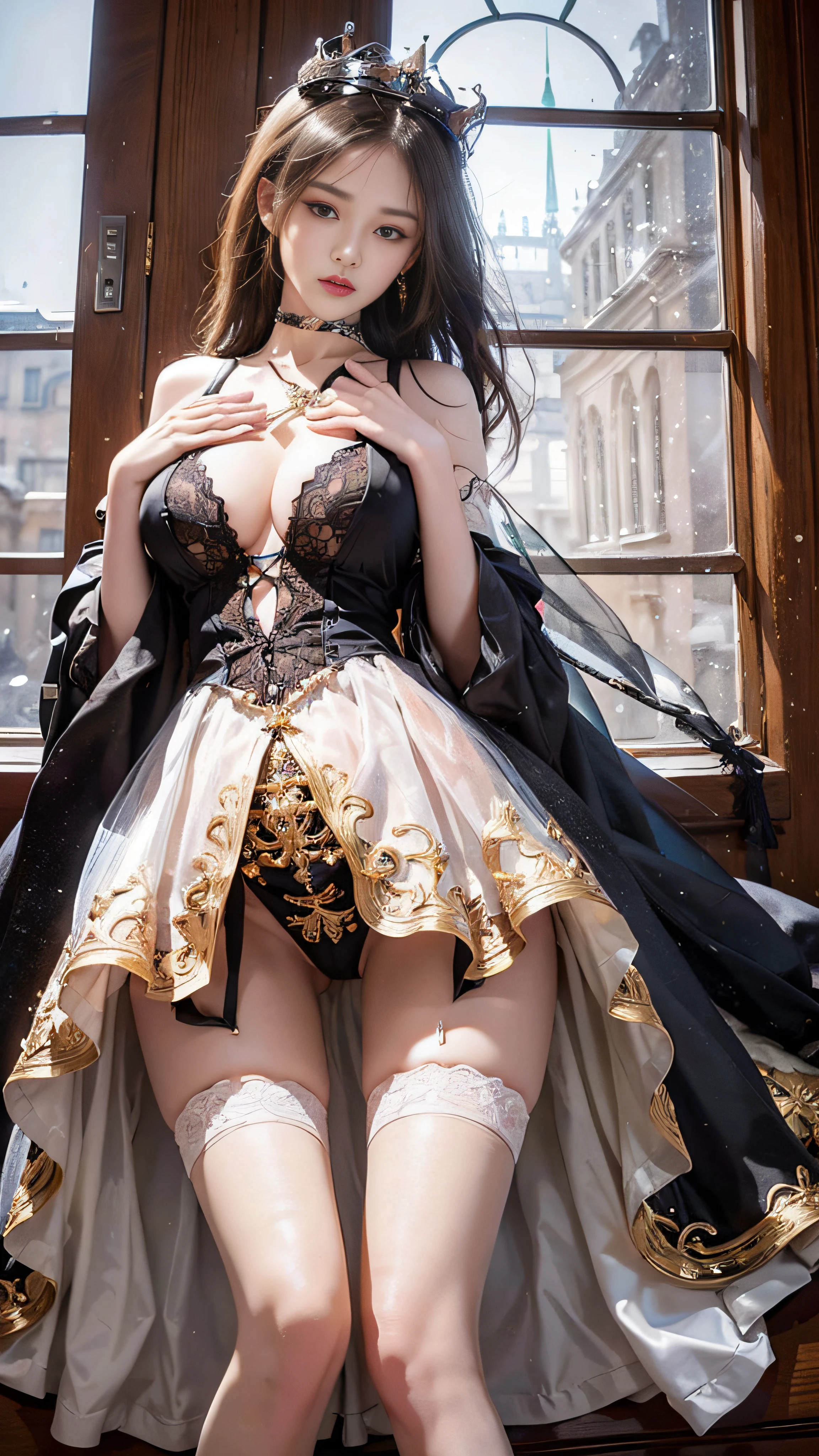 Arapefi, (Black princess dress,1.5), Look up at the camera, wearing high heels,Place your hands on your chest,Wear a crown,choker necklace,mouth opening,Close up from above,next to a window, In the castle, Sense of transparency,(oversized boobs,1.5),Expose cleavage,Turn around and look at the camera,tmasterpiece,Flawless,Sense of transparency,Empty inspiration,More details and decoration,Exposing thighs,8K,(Wear decorations such as rings,1.9),White-colored skin,Ornate ornament,White waist stockings,one-girl,(Dissection is correct,PremiumQuality, high detal, Masterpiece)