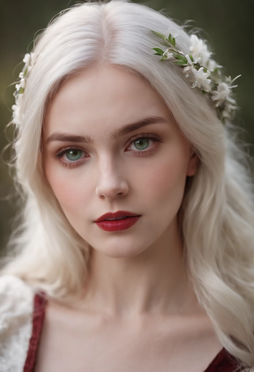 (((a deep reddish wound crosses her left cheek))) fair complexion, woman around 19 years old, natural white hair, distinctive green eyes, wearing kohl, slender and graceful, beautiful, candlelight in a medieval setting, ultra sharp focus, realistic shot, medieval female clothes, tetradic colors (scar:1.4)