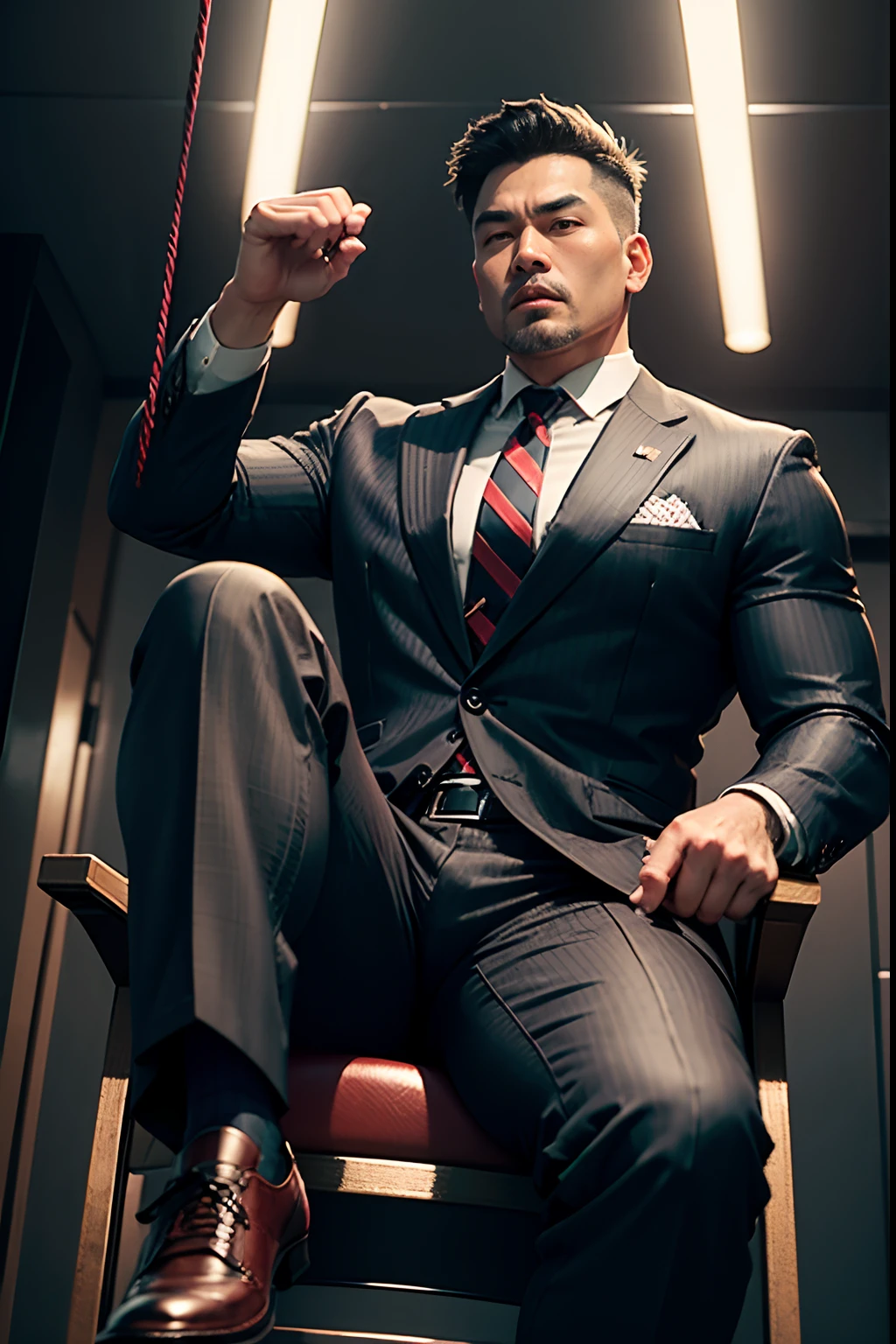 45 yers old,Hidetoshi Nakata,(Kogoro Mouri 1.3),Shirtless,Tong,Bulge,office room,black long socks,Thin,musculature,lbeard,fortitude,artwork of a,tmasterpiece,k hd,Tong,One kneel to one,red lace panties