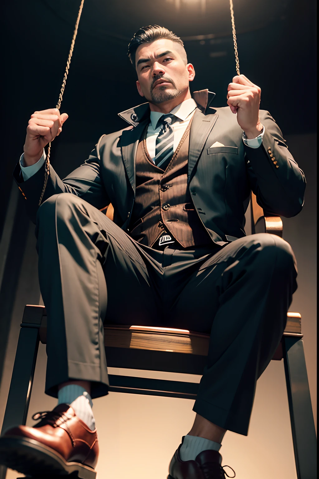 45-year-old middle-aged man,Man,Height 195,Asian people,sitting on a metal throne,God perspective,The eyes are about to face each other,Chinese men,musculature,Lift one foot,Wearing a black and white striped suit,Black and white striped trousers,red necktie,Wears a long red trench coat,long windbreaker,Black socks,Brown oxford shoes,Cord,Ferocious and ferocious,Club background,Handcuffed and handcuffed hanging in the air