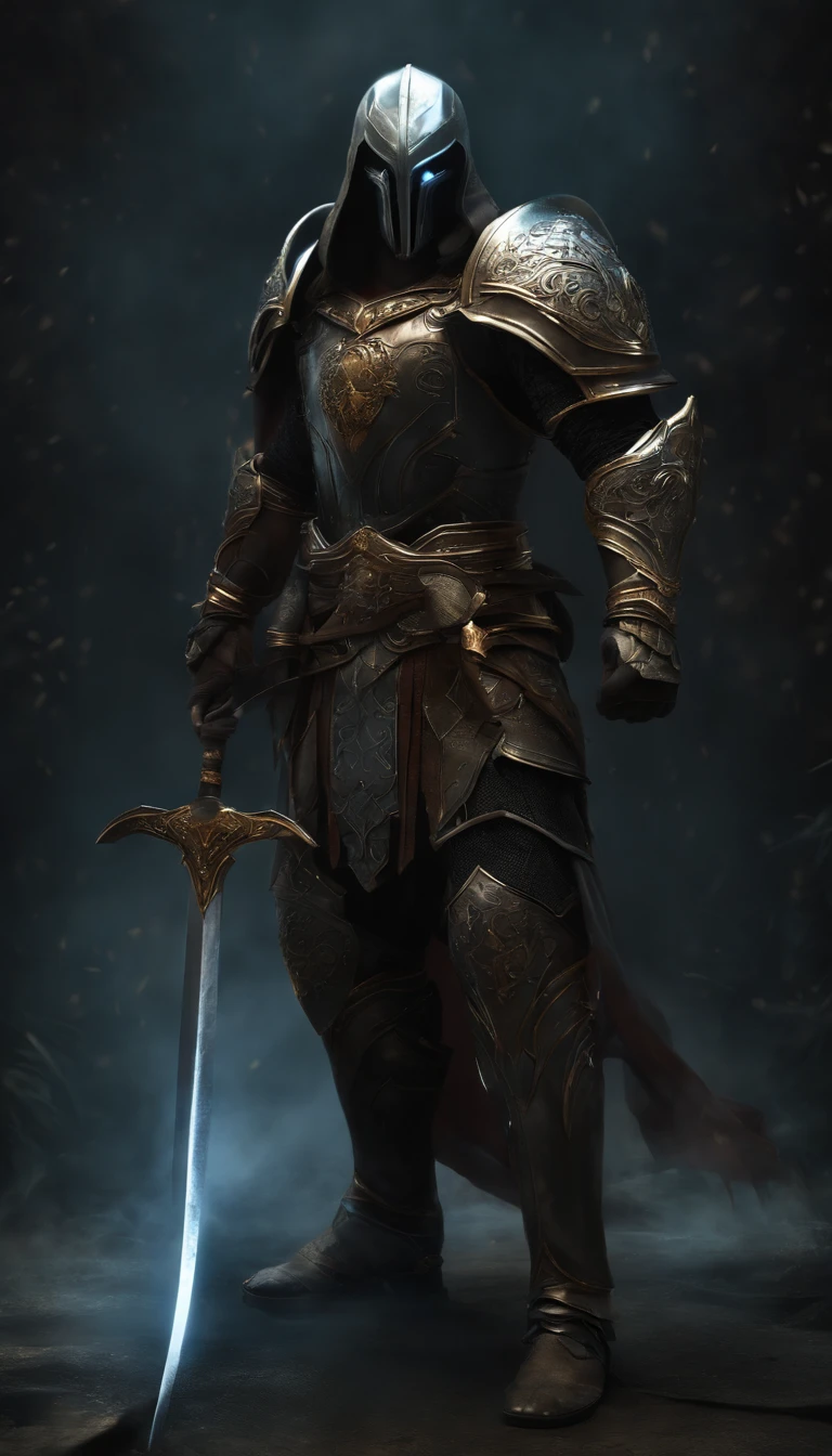 Socrate in badass armure ready to fight, Best quality, Masterpiece, 超高分辨率, (photograph realistic:1.4), surrealism, Dream-like,fusionart, Shadowdancer, shadow magic, darkness control, stealth, shadowstep, umbral spells, hidden blade, full body