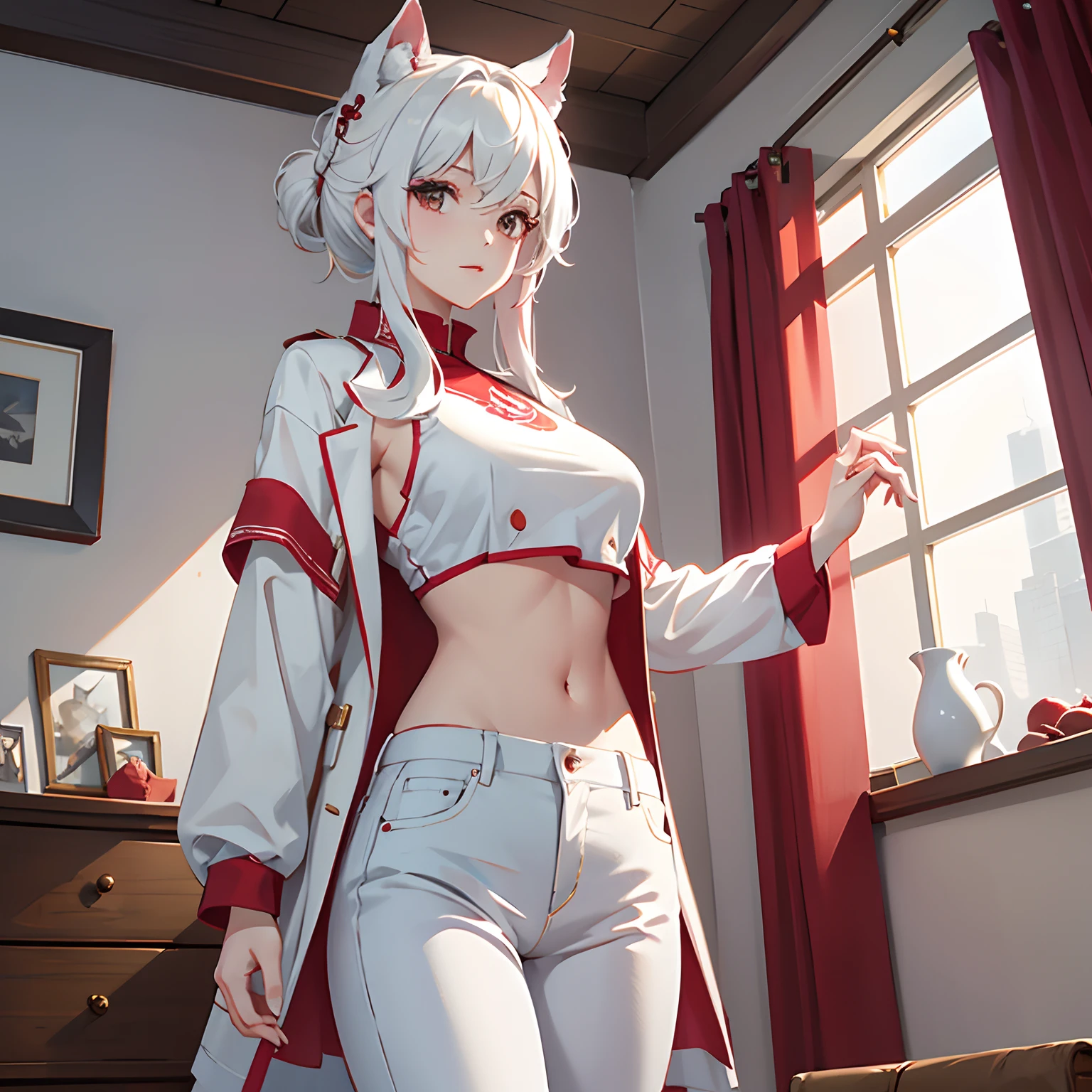 tmasterpiece, hiquality, detailing, A girl, white pants, Red shirt, backboob, Indoors, white colored hair