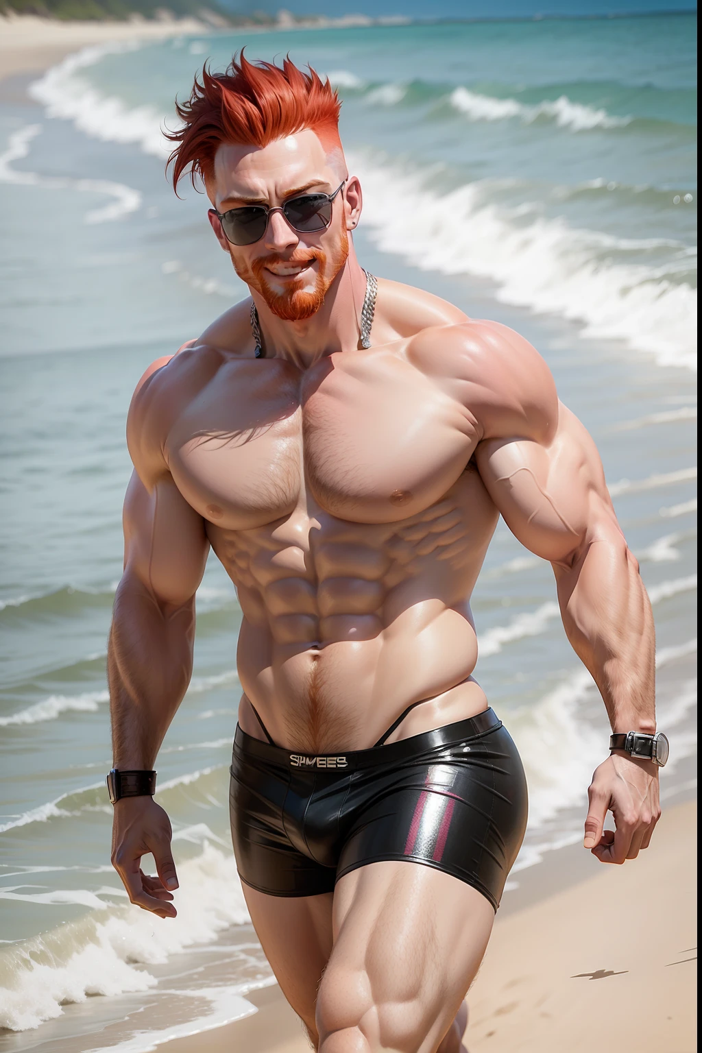sheamus smiling in shades and tight shiny speedos, walking on the beach