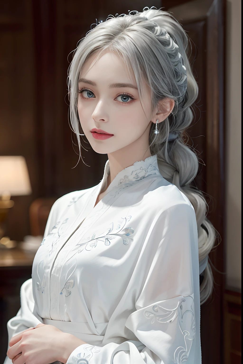 (Top Quality, Masterpiece: 1.2), Ultra High Resolution, Realistic, Front Lighting, Intricate Details, Exquisite Details and Textures, 1girl, Solo, (Youth), Face Highlights, Upper Body, Detailed Face, White Skin, Silver Hair, Ponytail, Braid Hair, Watch Viewer, Big Eyes, Silk Robes, (Hollow Pattern, White, Silk), Earrings, Small Breasts, Slim Body, Luxurious RoomProfessional Lighting, Photon Mapping, Radiosity, Physically Based Rendering,