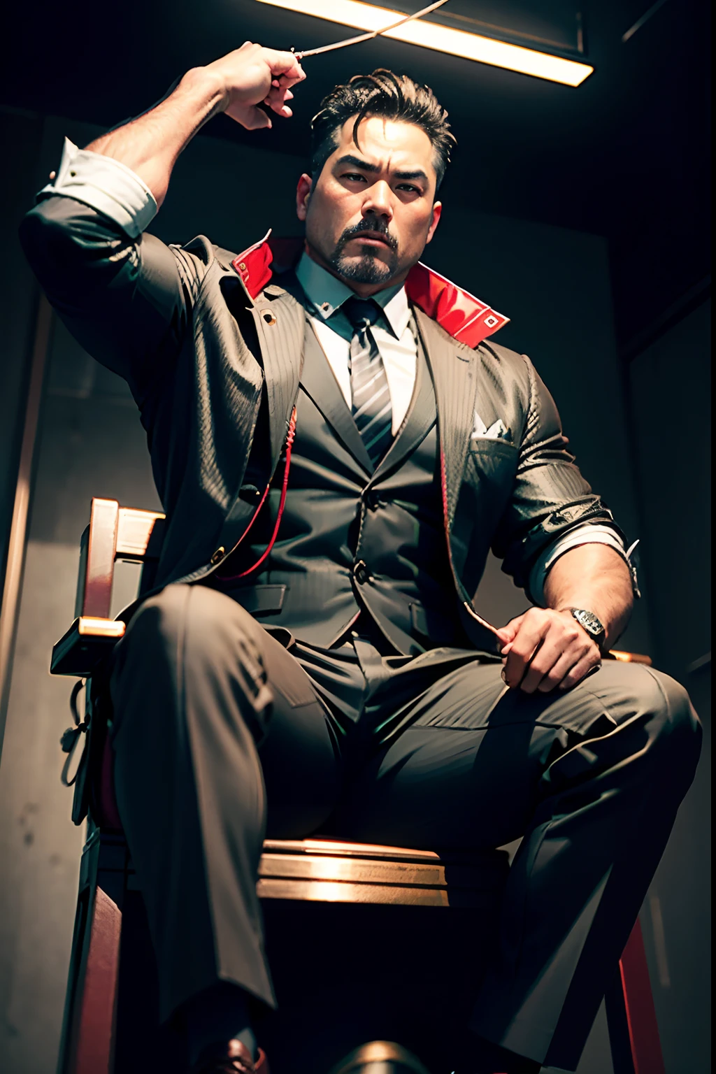45-year-old middle-aged man,Man,Height 195,Asian people,sitting on a metal throne,God perspective,The eyes are about to face each other,Chinese men,musculature,Lift one foot,Wearing a black and white striped suit,Black and white striped trousers,red necktie,Wears a long red trench coat,long windbreaker,Black socks,Brown oxford shoes,Cord,Ferocious and ferocious,Club background,Handcuffed and handcuffed hanging in the air