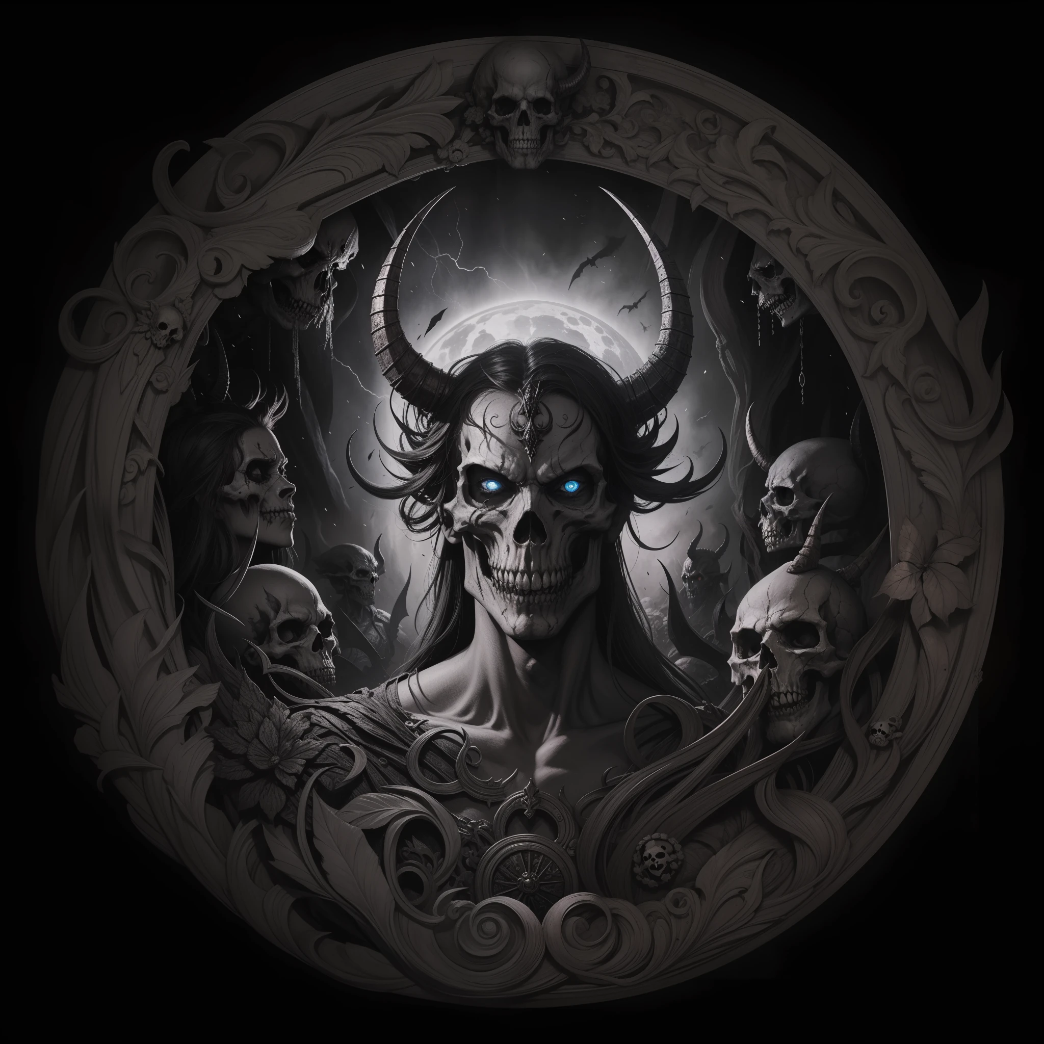 Image of a demon with a demon face in a circle, arte escura altamente detalhada, Retrato de daemons, arte detalhada da capa, an ominous fantasy illustration, adorned with demon skulls, arte de terror 4k detalhada, Marcos Riddick, dark fantasy illustration, no estilo da arte da fantasia sombria, arte de fantasia sombria, arte de terror de fantasia sombria, Arte digital escura, mas detalhada