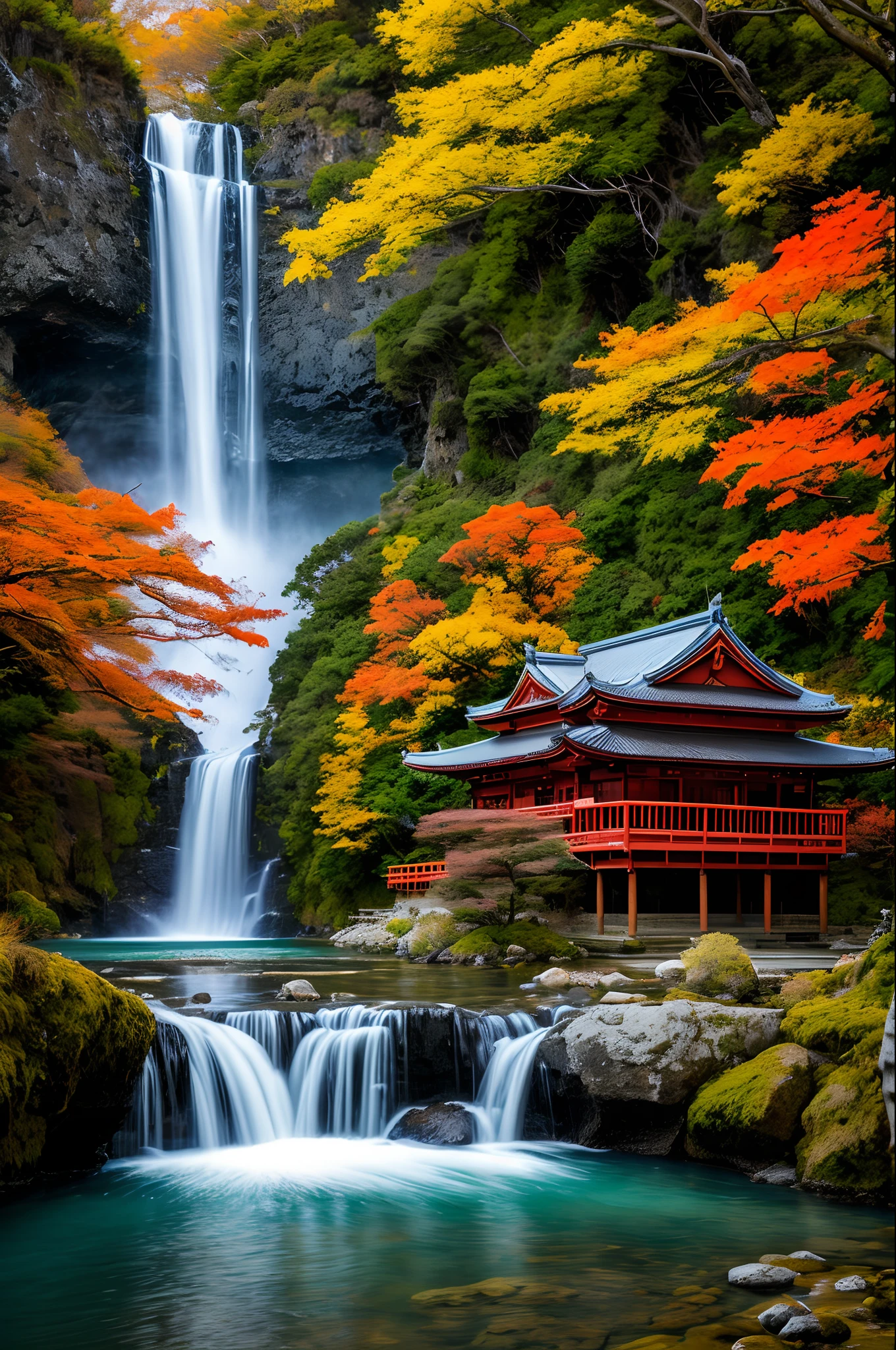 best quality, masterpiece, beautiful wild and natural fantasy landscape with glowing soft lights aurora beautiful waterfall in New Zealand, Japanese temple on the rock under waterfall, fall season, momiji leaf,