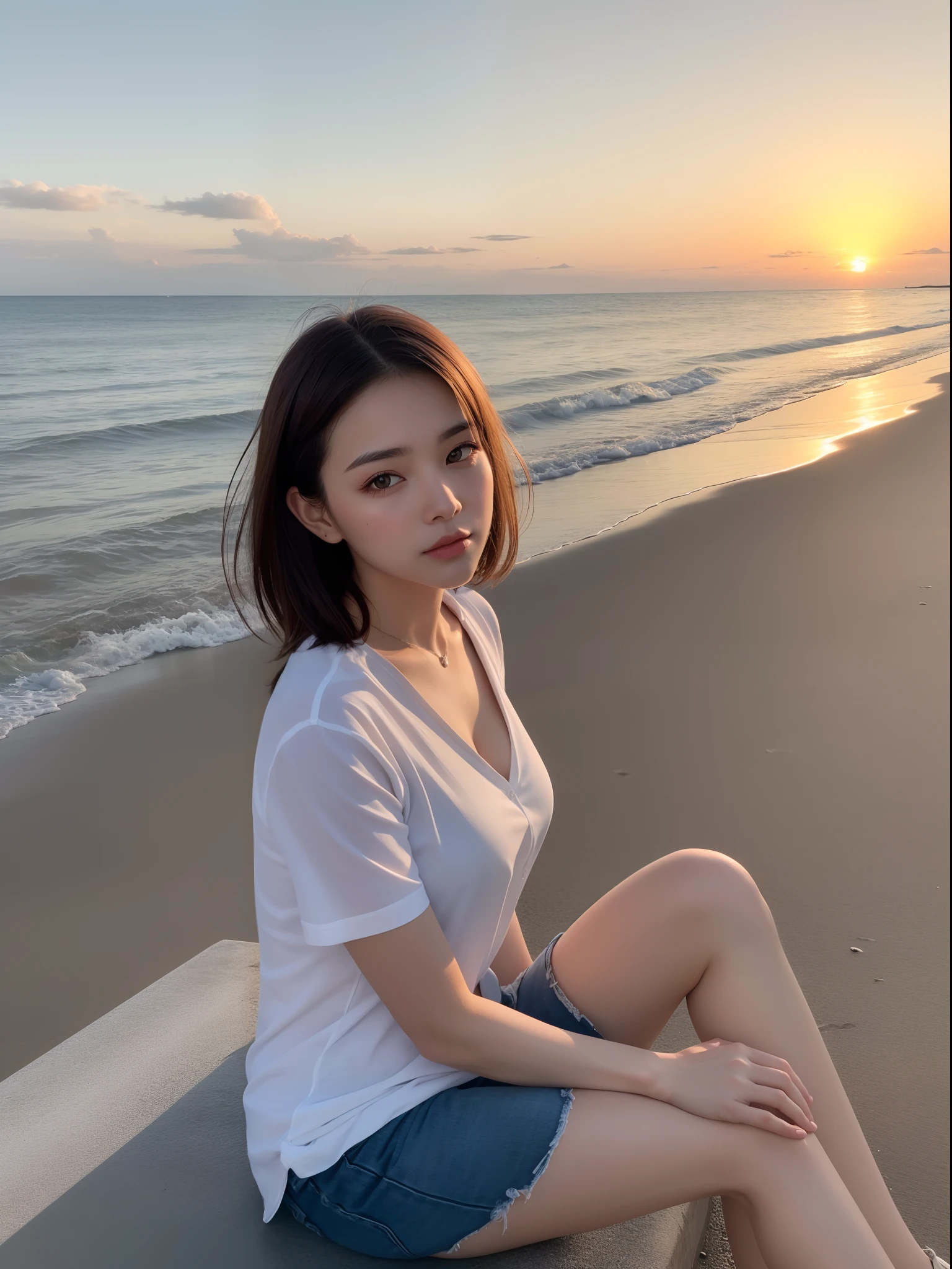 ((of the highest quality, 8K, masutepiece: 1.3, Raw photo)), Sharp Focus: 1.2, (1 AESPA Girl: 1.2), (Realistic, Photorealistic: 1.37), (Face Focus: 1.1), Cute face, tenderness, Small breasts, flat chest, Short messy hair, White shirt, beautiful woman sitting by the seaside at sunset, Sunlight, Movie Lighting