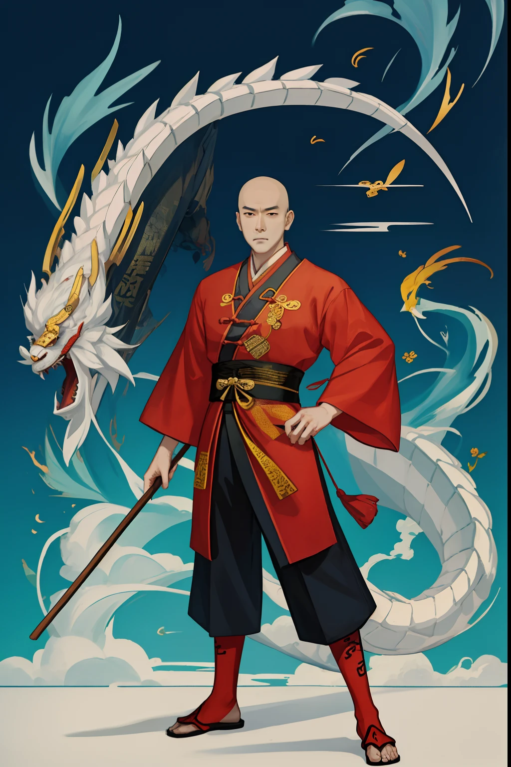 Chinese man standing inspired by hanging wong fei, com cabelos ao estilo queue late qing dynasty, holding a Chinese stick, and in the background a Chinese dragon, Estilo quadrinhos, arte, illustration