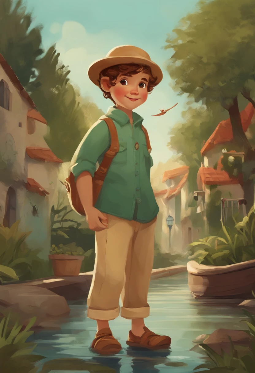 un nino, blanco, remera blanca, pantalon jeans, cansado,  extenuado, vomitando liquido verde y mucha sangre, en el medio de la calle, Cute children's book illustration style, colorido, sencillo, Pescador, Disney, Pixar, GHIBLI