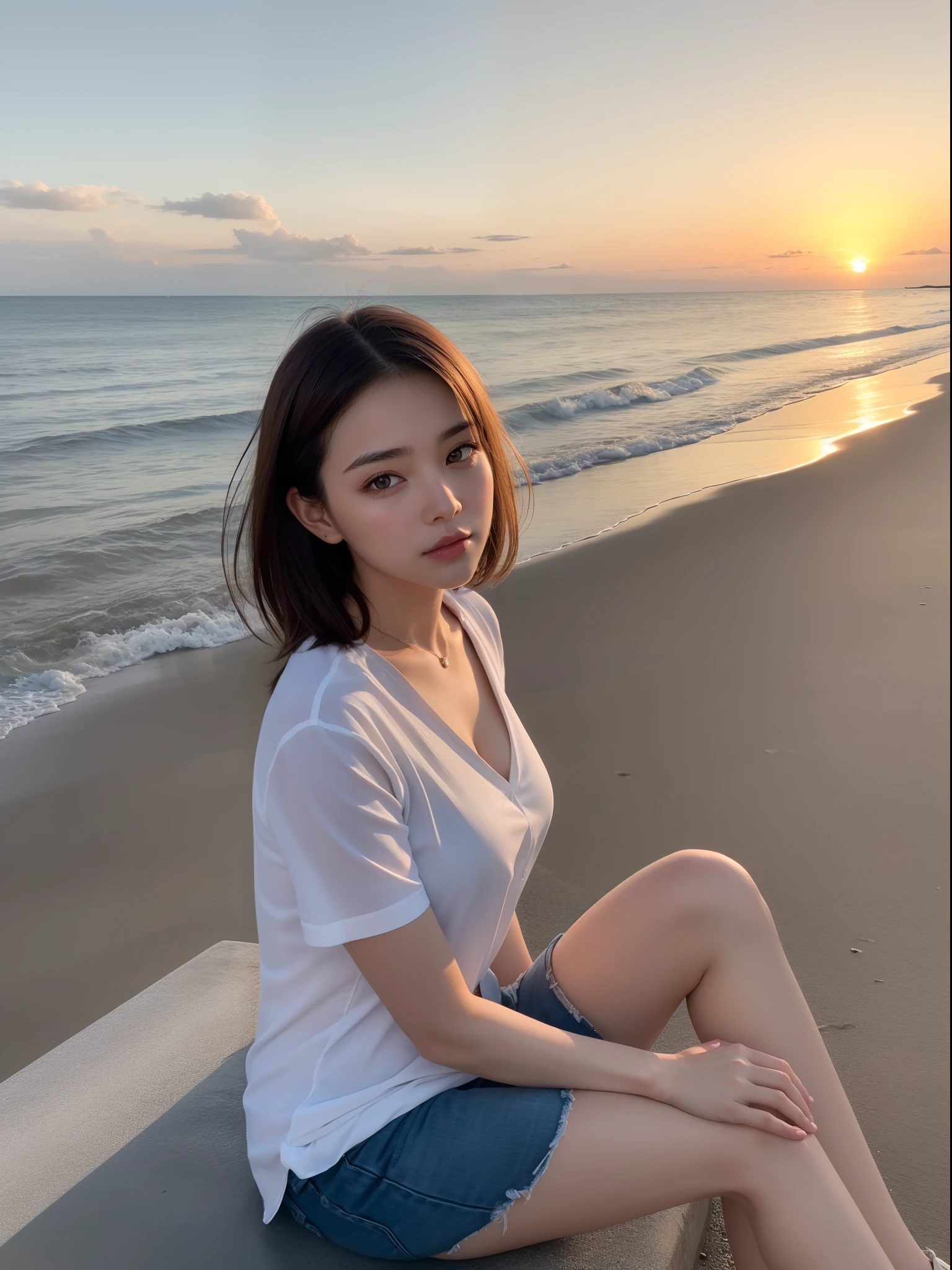 ((of the highest quality, 8K, masutepiece: 1.3, Raw photo)), Sharp Focus: 1.2, (1 AESPA Girl: 1.2), (Realistic, Photorealistic: 1.37), (Face Focus: 1.1), Cute face, tenderness, Small breasts, flat chest, Short messy hair, White shirt, beautiful woman sitting by the seaside at sunset, Sunlight, Movie Lighting