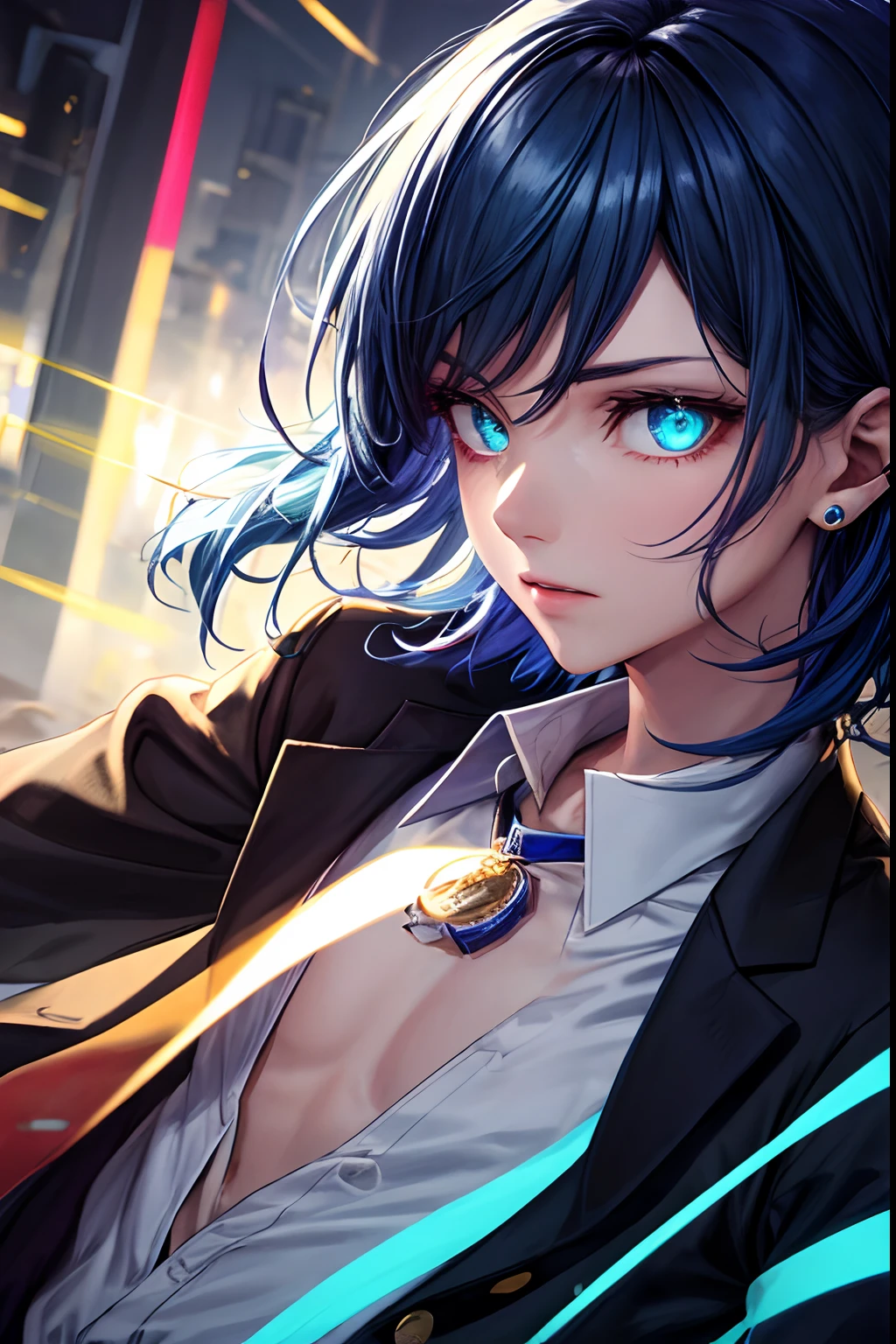 1girl, facing right, (best quality, masterpiece:1.2), (dynamic angle:1.5), long ear chuffs block, blue eye, blue hair, dark blue hair, short hair, glowing, rainbow, boy, solo, ikemen, green hair, red eye, tsurime, sharp nose, facial muscle, (adam's apple, larynx), flat chest, large pectorals muscle, small arms muscle, shool uniform, blazer, jewelry eyes, twinkle eyes, glowing eyes, outdoor, plain
