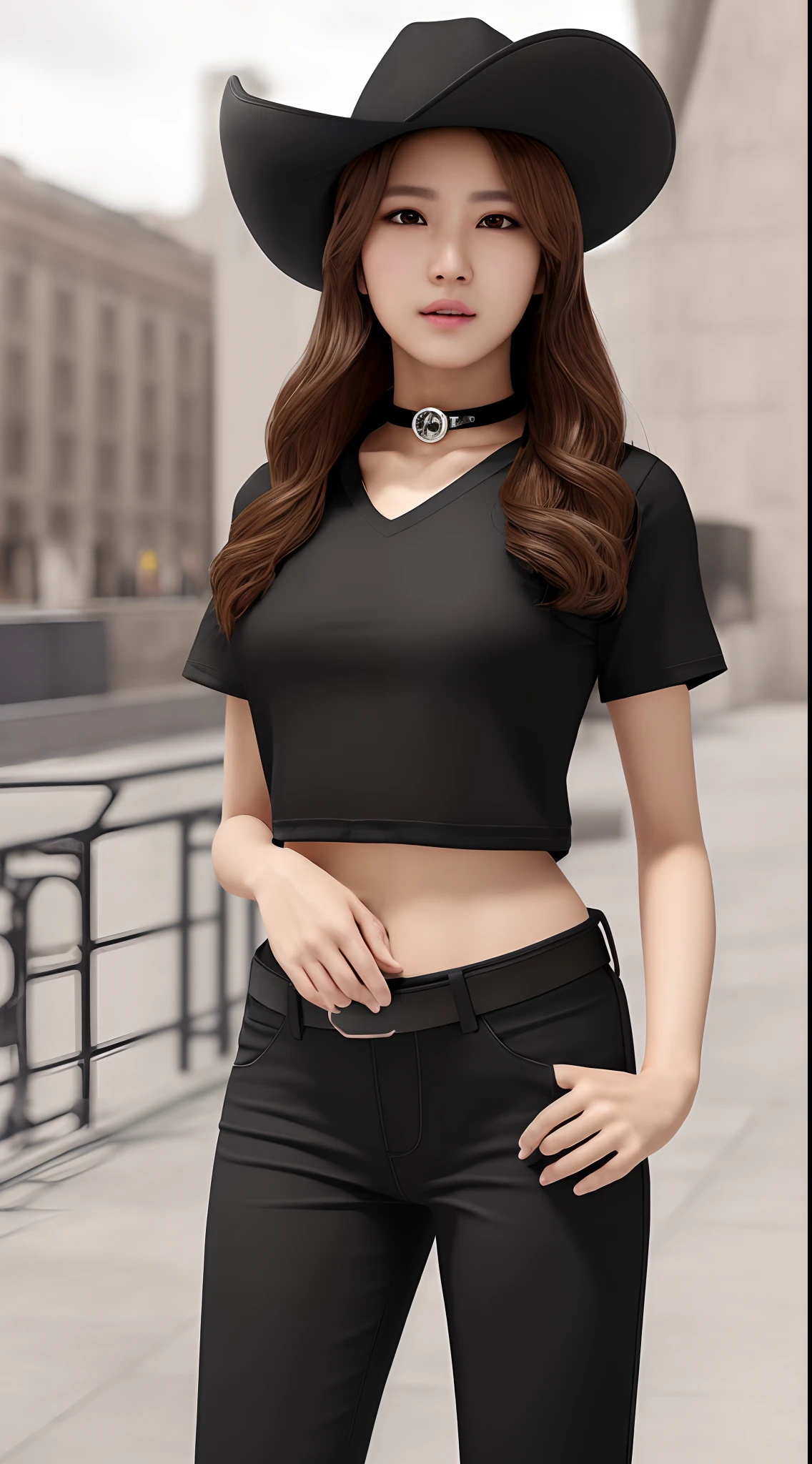 apinkhayoung, urban, streets, (day:1.1), RAW,(8k, best quality, masterpiece:1.2),(intricate details:1.4),(photorealistic:1.4),octane render, complex 3d render ultra detailed, studio soft light, rim light, vibrant details, ultra detailed, realistic skin texture, detailed face, beautiful detailed eyes, extremely detailed CG unity 8k wallpaper, makeup, (detailed background:1.2), (cowboy shot:1.2),(perfect anatomy:1.2),(wide hip:1.1),(black t-shirt, pants, choker, beret:1.2),