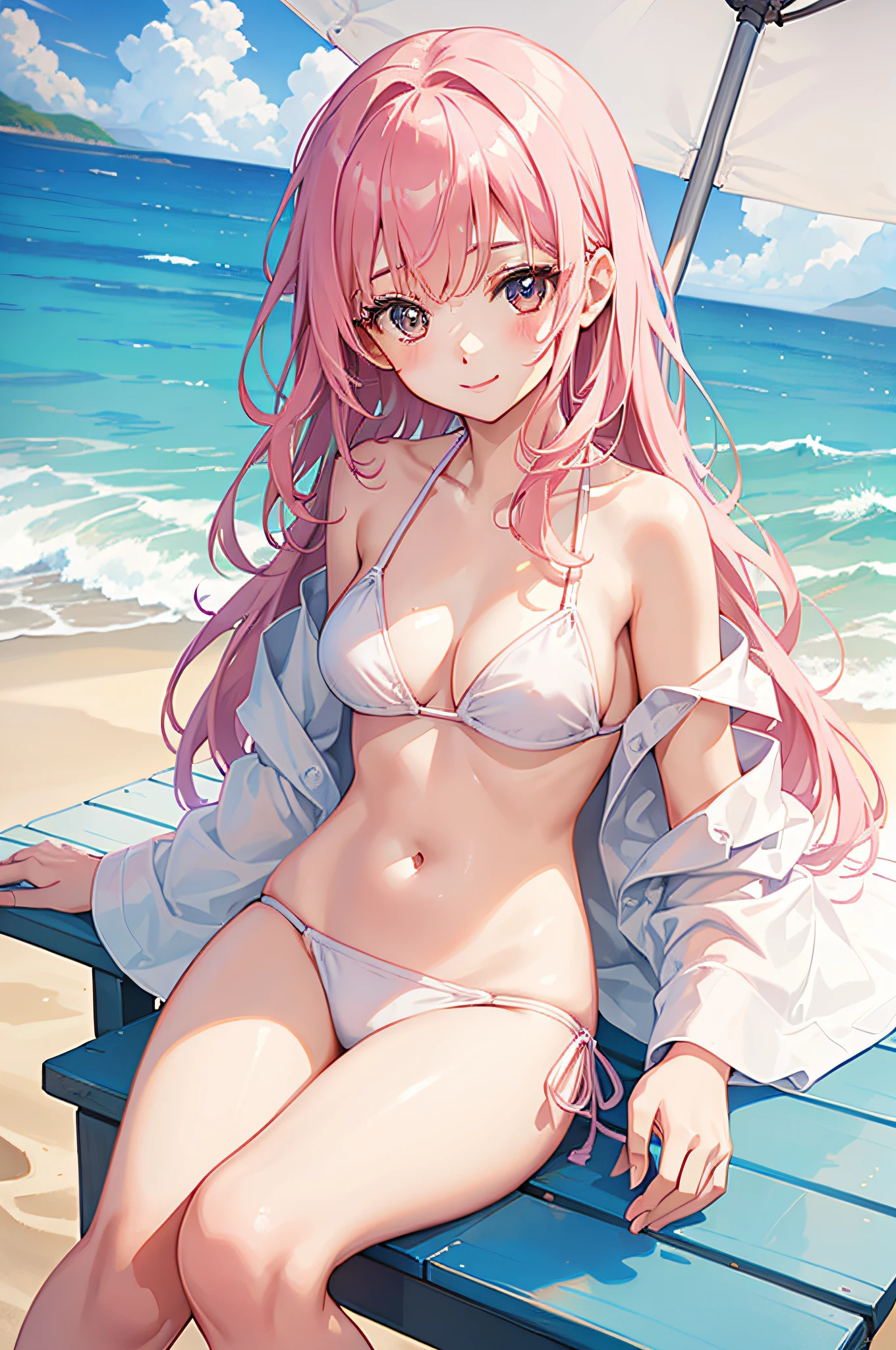 1 girl in、Cute Beautiful Girl、((The bikini))、((Wearing an unbuttoned white shirt))、A pink-haired、Sitting on a chair、beach parasol、(Drinking tropical juices)、(years)、A smile、the beach、top-quality、photos realistic