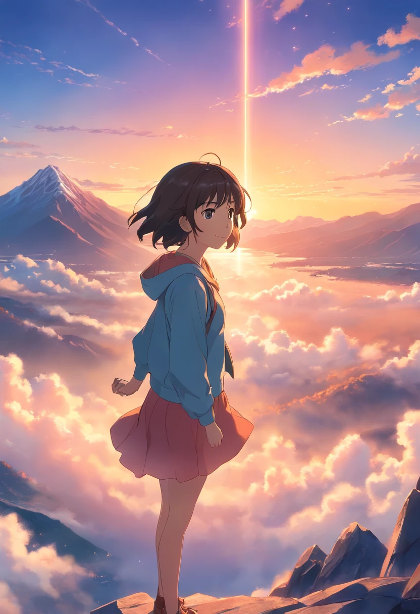 masterpiece, best quality, movie still, 1girl, cloud girl, mountain, sky, close-up, bright, happy, warm soft lighting, sunset, (sparks:0.7)