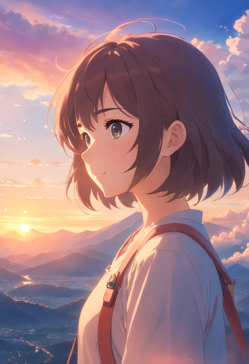 masterpiece, best quality, movie still, 1girl, cloud girl, mountain, sky, close-up, bright, happy, warm soft lighting, sunset, (sparks:0.7)