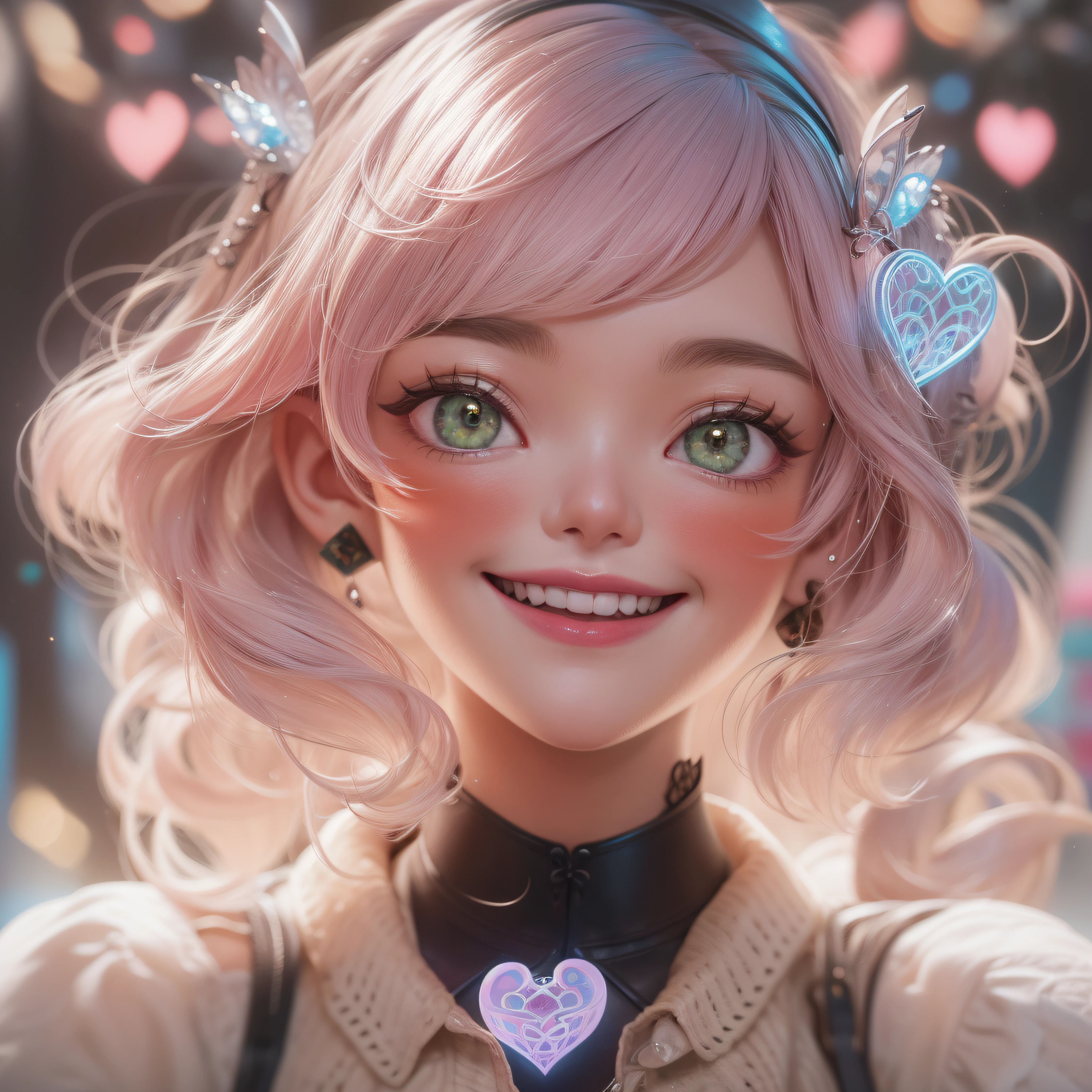 Close-up of laughing face、Close-up of laughing face、companion、makeup、Glossy lips、Shining eyes、A pink-haired、(realisitic、hight resolution)、(1 girl in)、Do-Up Eye、Korean Girl、(Best Quality), (masutepiece), (1girl in), Solo, a beauty girl, Perfect face, dreamlikeart、Highly detailed airbrush art((Surreal))、Volumetric lighting、(top-quality)、The ultra-detailliert、Highly detailed colorful details、(Bright lighting)、dynamic compositions、Ray traching、The mirror reflects light、Shallow depth of field、ultra-detailliert、mixing  exposure、nffsw、Her eyes shine with dark green、Pink glowing 3D heart、Pink glowing heart
