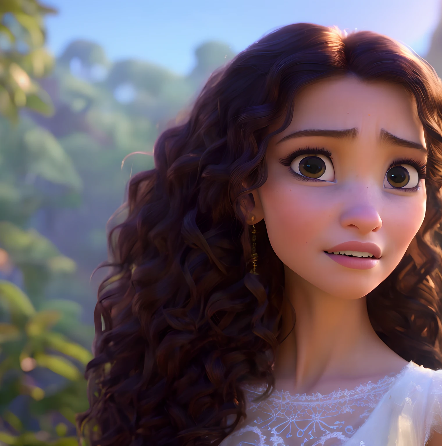 modern disney style, beautiful brunette with beautiful (curly hair), (portrait), daylight, (blurred background), WLOP, Rossdraws, ArtStation, CGSociety, concept art, cgsociety, octane render, trending on artstation, artstationHD, artstationHQ, unreal engine, 4k, 8k