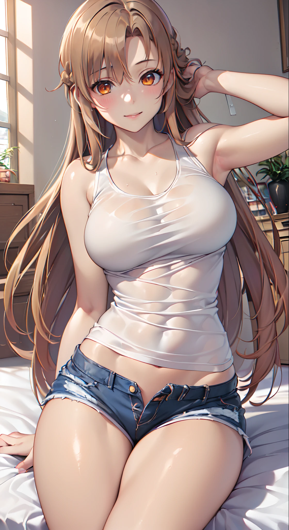 Official art、(Highly detailed CG Unity 8K:1.5)、Perfect litthing、colourfull、Bright Front face Illuminating,(Model,glamor:1.5),(Realistic, hyper realisitic:1.5),(Lying in a bed:1.4),(slender:1.5),
(Master Pieces:1.5), (best_quality:1.5), Super Hi-Vision, super detailing,upper view, Sweat,(Seductive smile:1.4),(Spread_Legs:1.4),(profile:1.2),(See-through:1.4),( Standing:1.3),
Photo Shot,hight resolution,(absurderes:1.2)、Kodak Portra 400、film grains,(lensflare:1.2)、(vivd colour:1.5),(Dress up your outfit perfectly:1.5),(Quality hair、Realistic hair:1.3),
(cowboys_shot:1.4),during daytime、Sunsight,(Asuna),(Asuna Yuki:1.5),Kamimei,
partedbangs,perspiring、(Solo:1.5),(livingroom:1.5),(neat figure:1.5)
(a 1 girl:1.5)、18year old、High school students、Beautiful Finger,beautiful long leg,Beautiful body,Beautiful nose,Beautiful character design,Perfect eyes,face perfect,Beautiful hair,Animated, (Exquisite cloth,beautifully detailed eyes:1.4),(Tank Tops, Dark blue velvet shorts:1.5),(dark orange hair:1.5),(Orange Eyes:1.4),
(Beautiful face:1.5),delicate patterns,intricate detailes,Smooth Anime CG Art,Beautiful anime girl,The best girls in anime,beautiful anime woman,delicate patterns,intricate detailes,red blush,Glossy,A seductive anime girl、beautiful alluring anime 、photorealistic anime girl render、beautiful alluring anime woman,Soft lighting、Beautiful anime girl、charming anime girls、Perfect body with realistic shading、